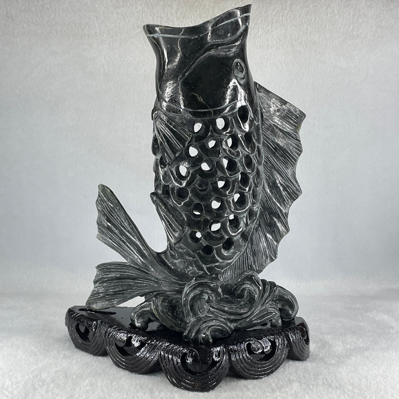 Natural Dark Green Serpentine Carp Fish with Wooden Stand Display 1,119.0g 175.0 by 100.0 by 240.0mm - Huangs Jadeite and Jewelry Pte Ltd