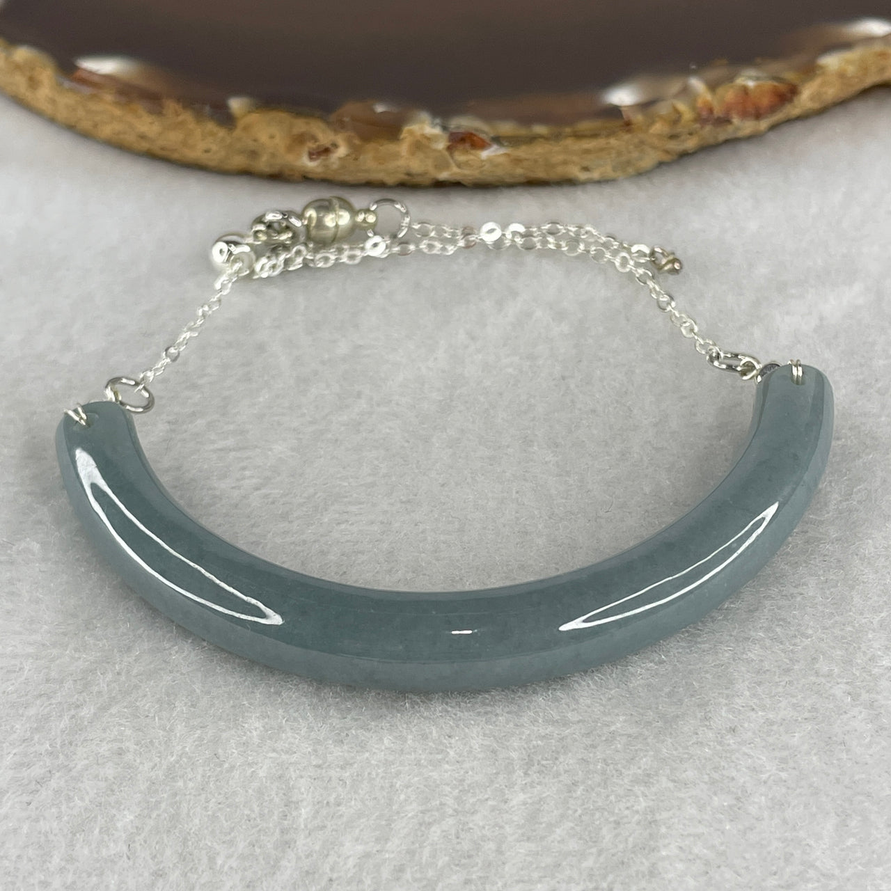Natural Type A Blueish Green Jadeite Half-Bangle Bracelet | Solid Silver Adjustable Chain Luxury Hybrid Cuff (18.08g, 15-20cm, 72.7x8.1x7.4mm)