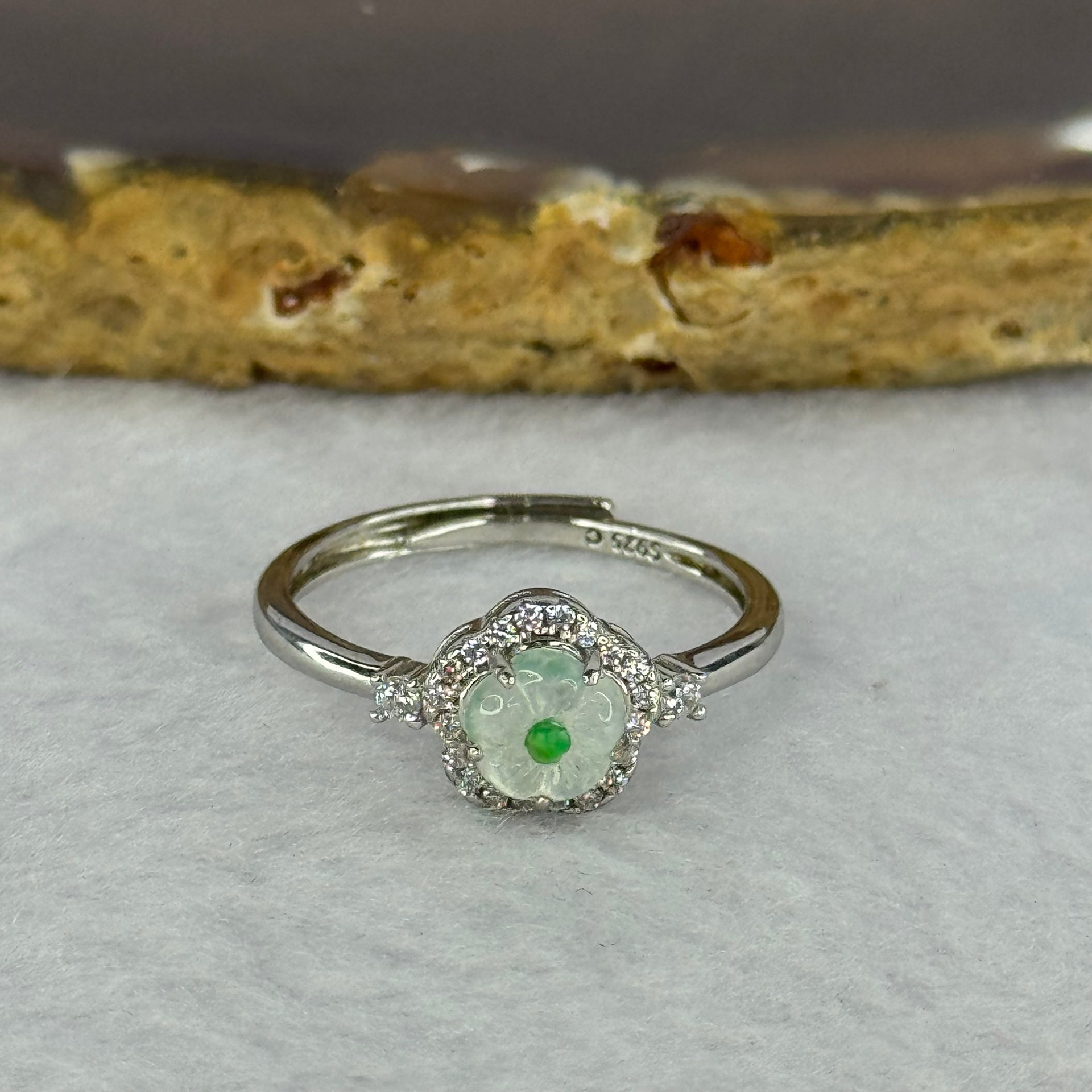 Type A Icy Light Green Jadeite Flower with Crystals in S925 Sliver Ring (Adjustable Size) 1.90g 6.0 by 2.5mm - Huangs Jadeite and Jewelry Pte Ltd