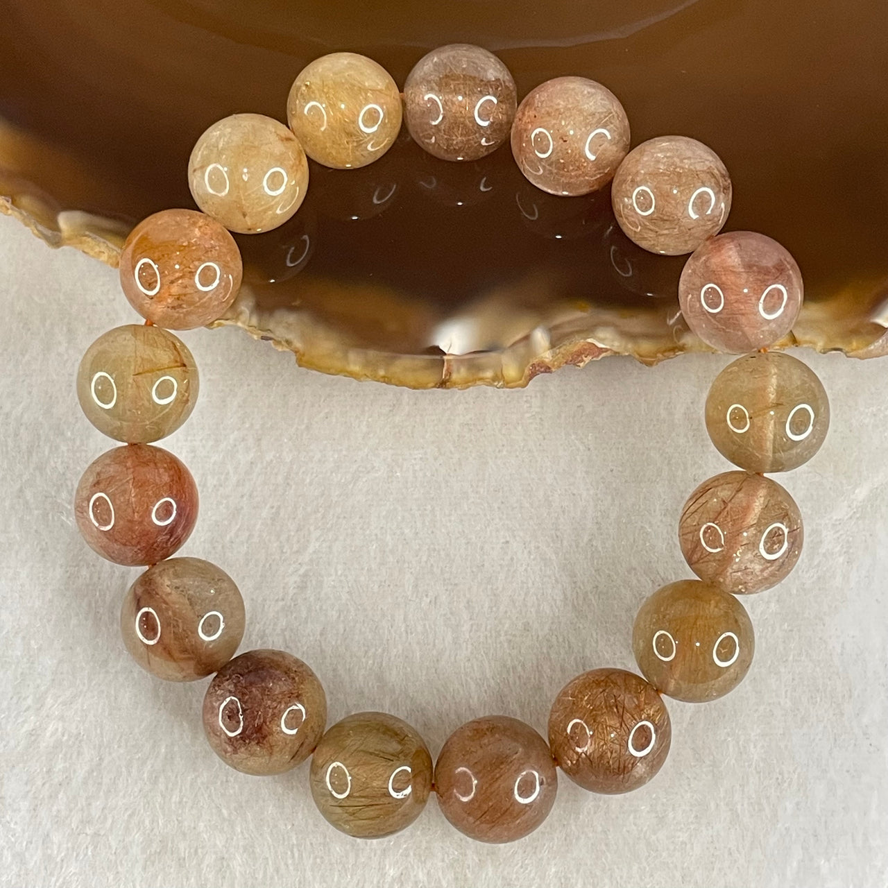 Average Grade Natural Copper Rutilated Quartz Beads Bracelet 40.96g 16cm 12.1mm 17 Beads - Huangs Jadeite and Jewelry Pte Ltd