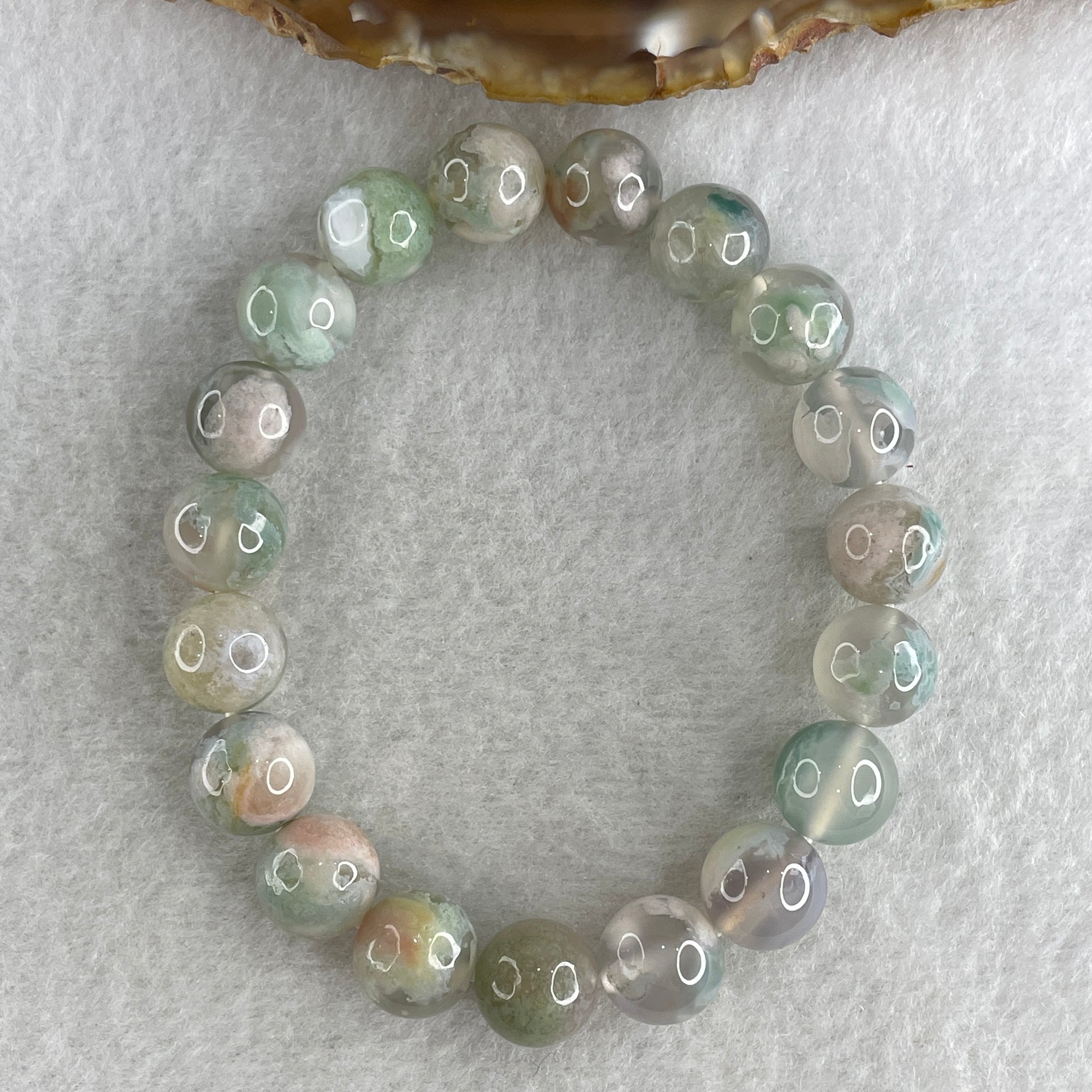 Natural Green with Pinkish Flower Agate Beads Bracelet 30.04g 16.5cm 10.8mm 19 Beads - Huangs Jadeite and Jewelry Pte Ltd