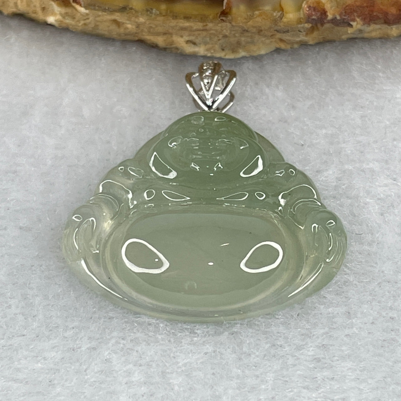 18K 750 White Gold Type A Icy Light Green Jadeite Milo Buddha with Diamonds Pendant 6.71g 26.6 by 28.0 by 6.0mm - Huangs Jadeite and Jewelry Pte Ltd