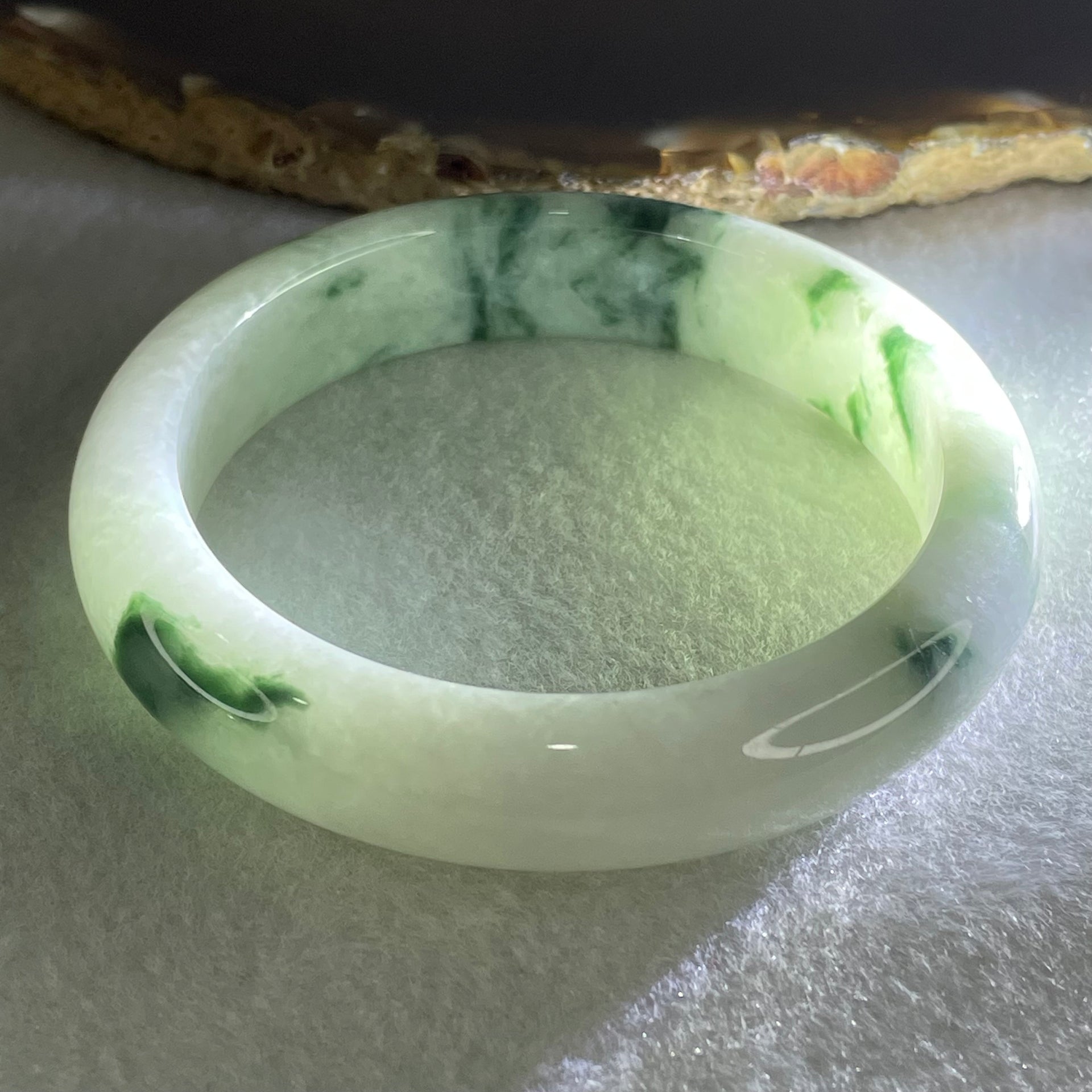 Type A Light Green Light Lavender with Green piao Hua Floral Jadeite Bangle 55.86g Inner Diameter 55.2mm 13.0 by 8.9mm (Very Slight Internal Lines) - Huangs Jadeite and Jewelry Pte Ltd