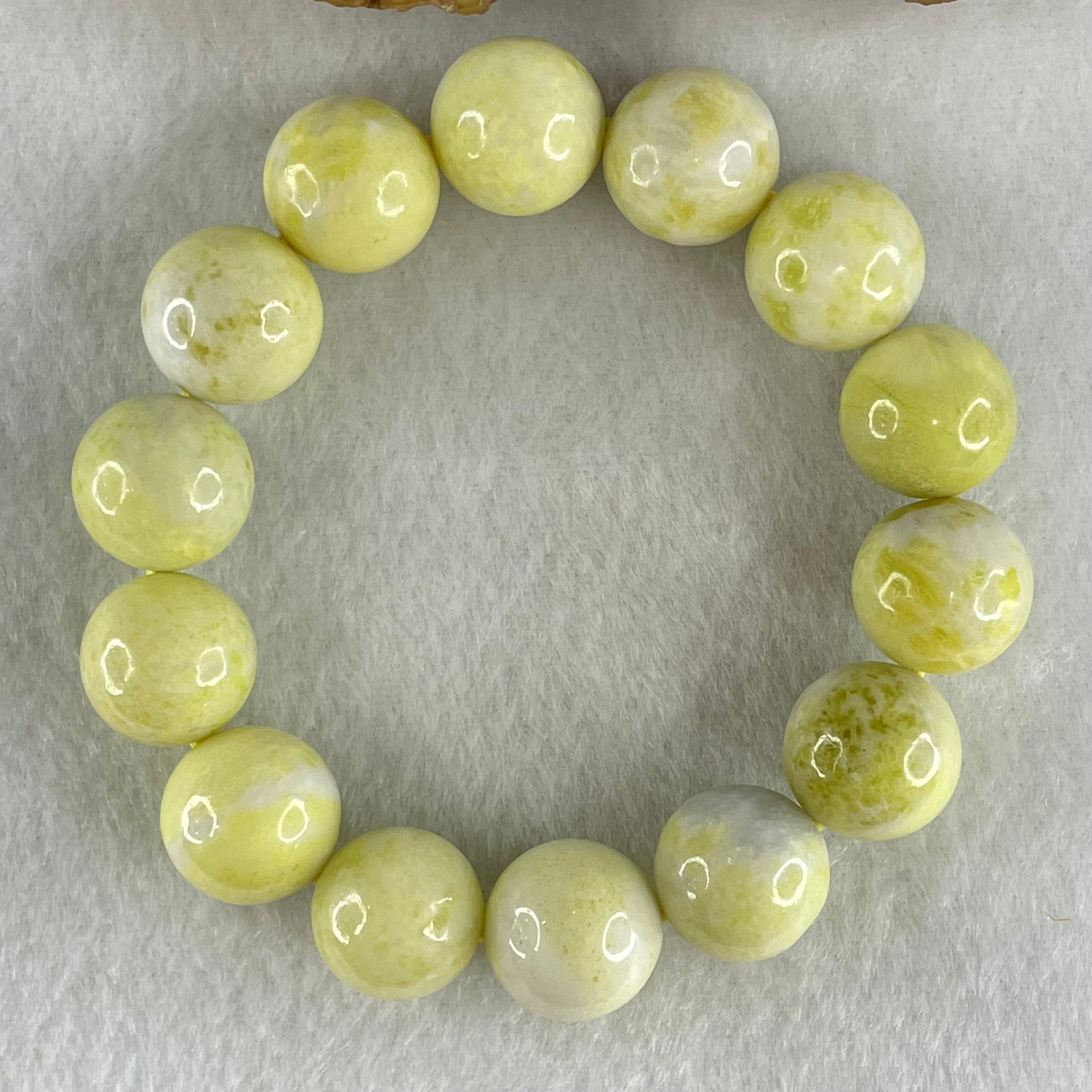 Natural Green Serpentine Jade Beads Bracelet 天然黄山玉手链 54.12g 15cm 14.1mm 14 Beads - Huangs Jadeite and Jewelry Pte Ltd