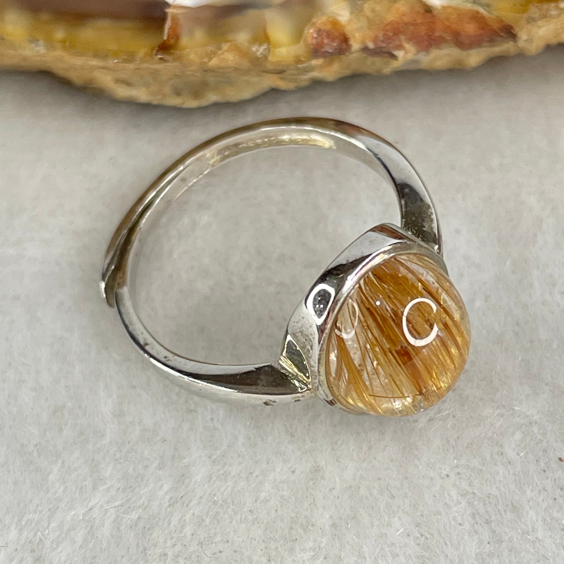Good Grade Natural Golden Rutilated Quartz Cabochon in S925 Silver Ring 2.93g 10.9 by 8.9 by 5.5mm - Huangs Jadeite and Jewelry Pte Ltd