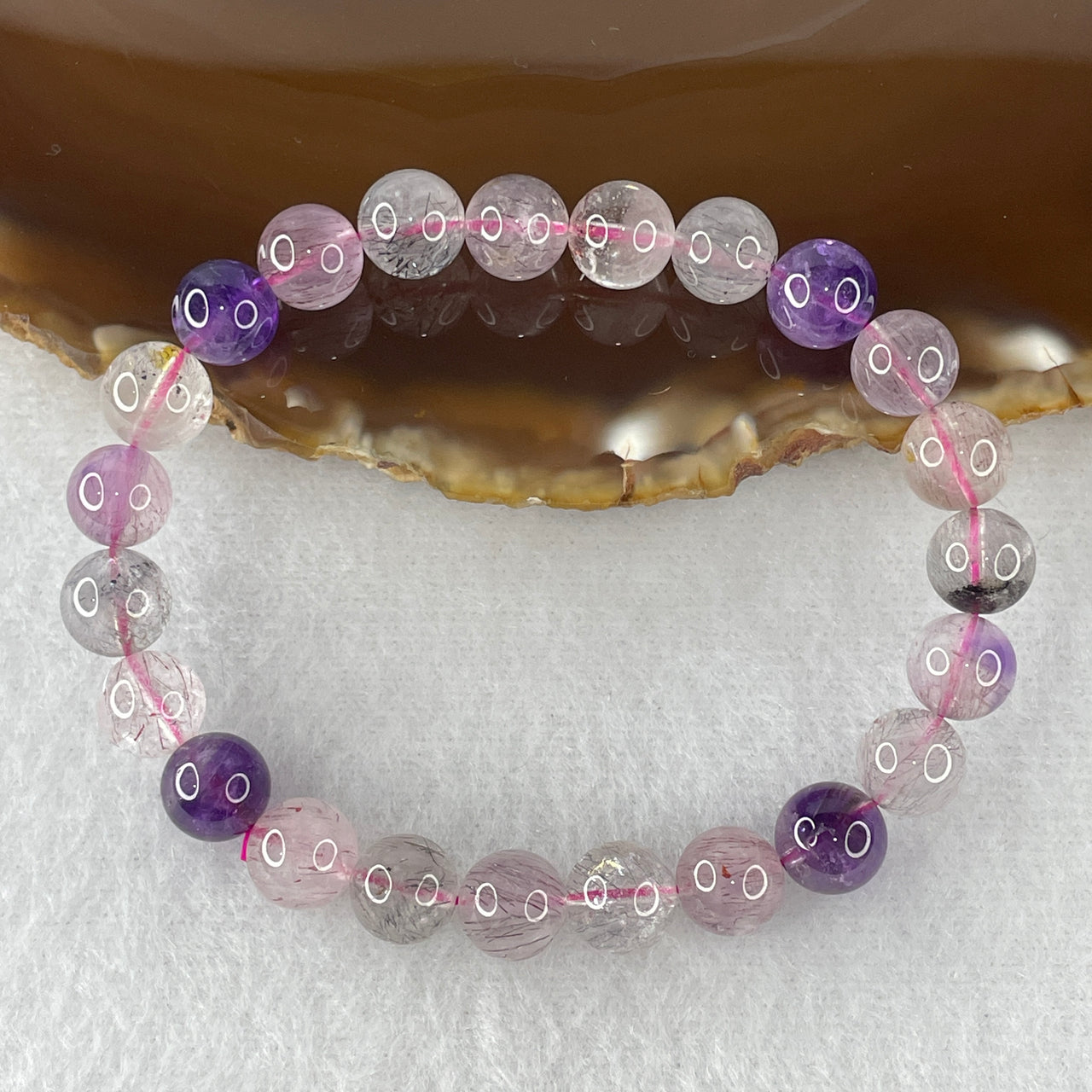 Certified Above-Average Grade Natural Super 7 Crystal Beads Bracelet | High-Fluidity Crystalline Strand | Authentic Sacred Seven Multi-Mineral Inclusions Quartz Spiritual Catalyst & Auric Shield Bracelet (17.86g | 15.5cm Length | 8.4mm | 23 Beads)