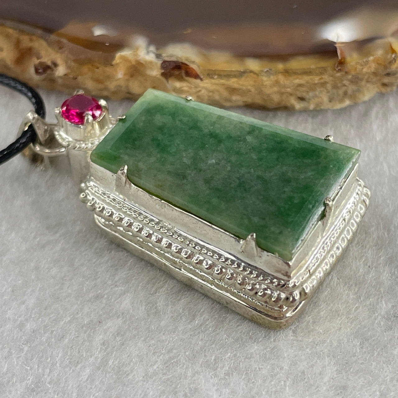 Certified Type A Green Jadeite Wu Shi Pai Pendant with Cubic Zirconia in S925 Sliver 12.46g 24.3 by 5.8 by 1.5mm