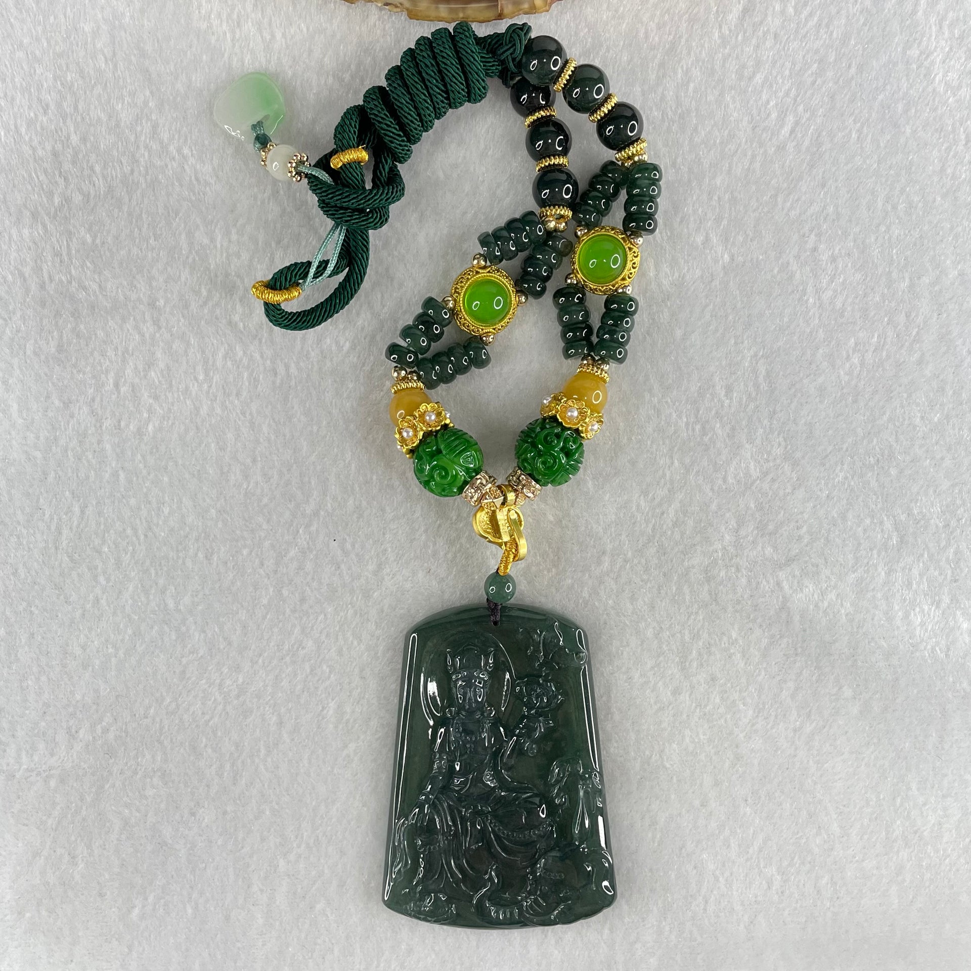 Grand Master Type A Icy Dark Blueish Green Samantabhadra Bodhisattva Guan Yin on Elephant and Flower Pendant 61.87g 57 by 41.6 by 5.6mm - Huangs Jadeite and Jewelry Pte Ltd