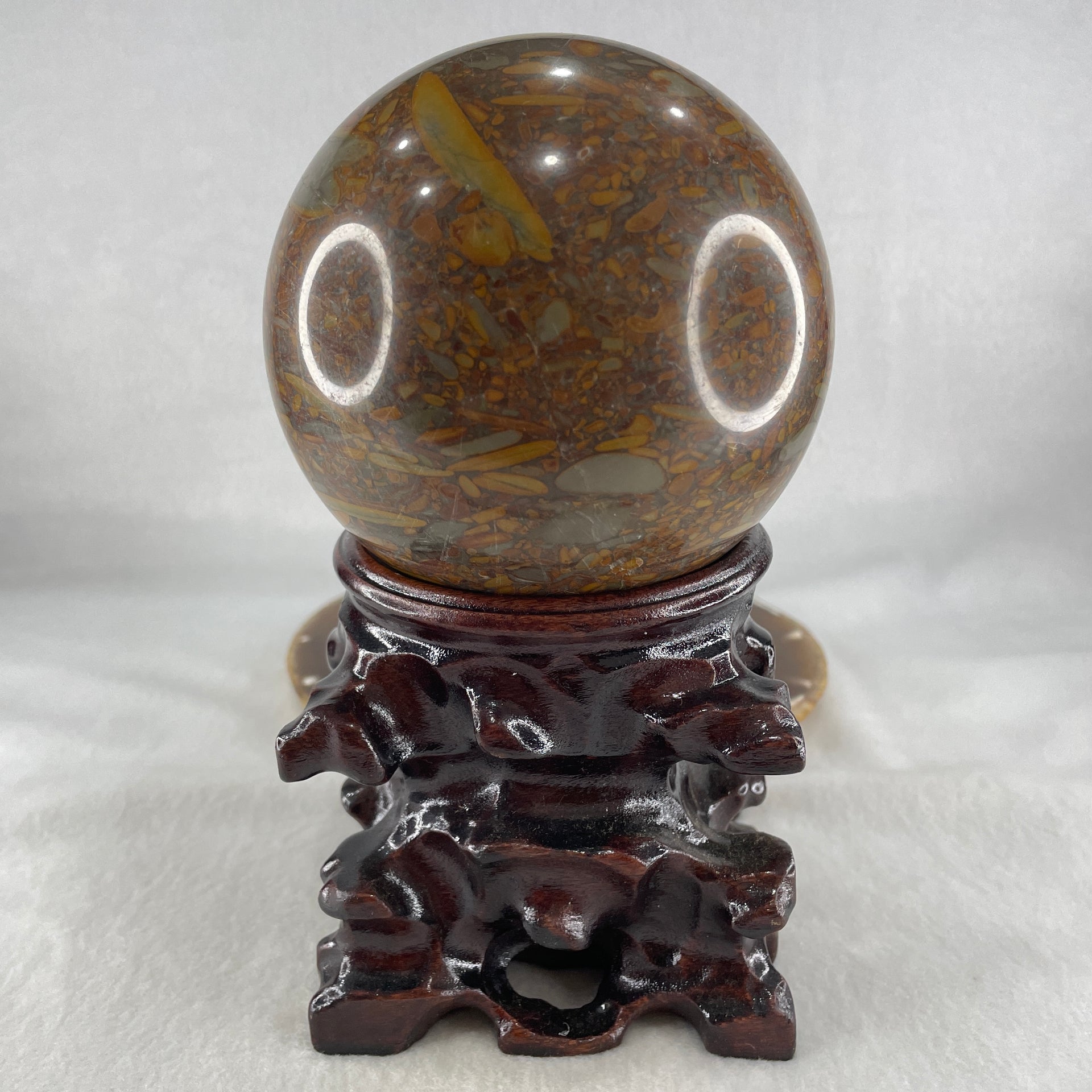 Natural Brecciated Jasper Ball Display with Wooden Stand 1641.2g 95.6 by 165.0mm - Huangs Jadeite and Jewelry Pte Ltd