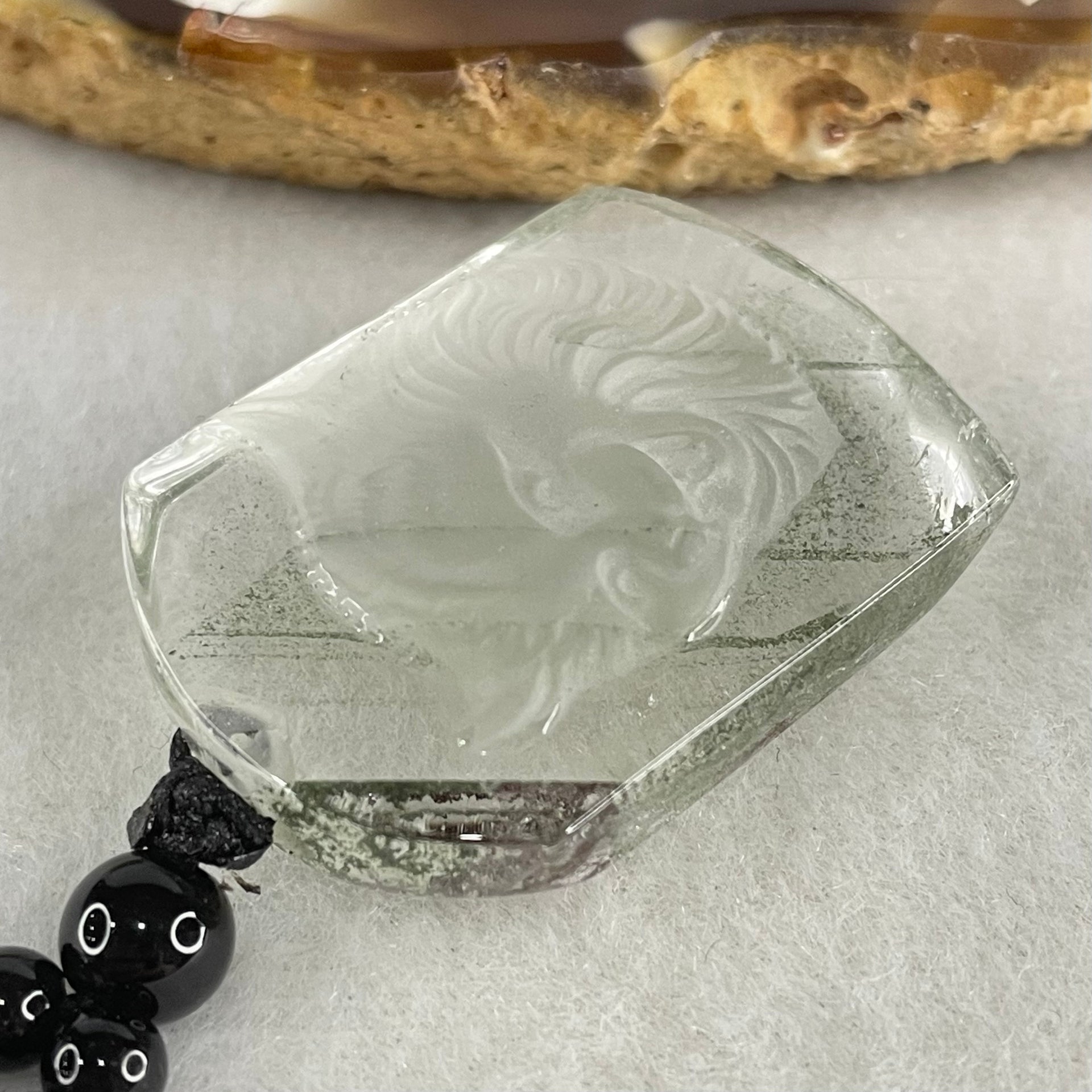 Above Average Grade Natural Green Phantom Quartz Tiger Pendant with Onyx Beads Necklace 28.56g 33.4 by 23.7 by 10.0mm - Huangs Jadeite and Jewelry Pte Ltd