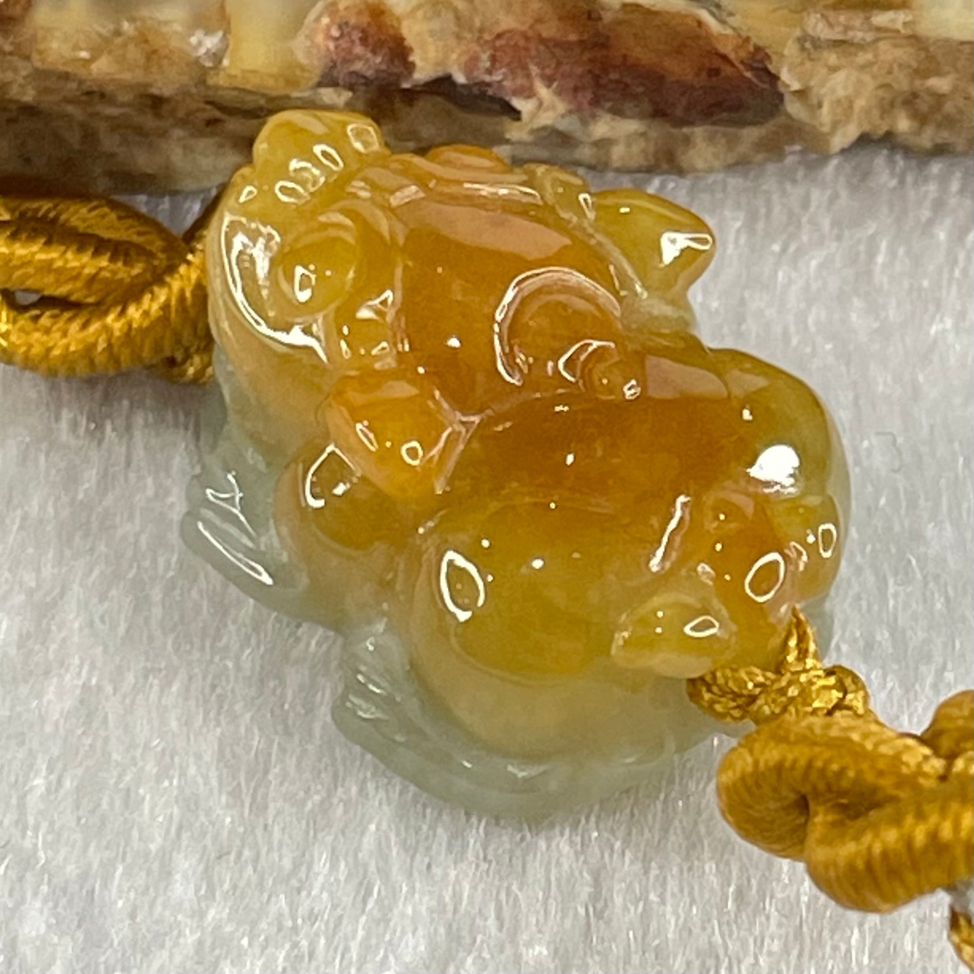 Type A Yellow with Faint Green Lavender Jadeite Male Pixiu String Bracelet 5.58g 13.5cm 20.6 by 15.7 by 10.8mm - Huangs Jadeite and Jewelry Pte Ltd