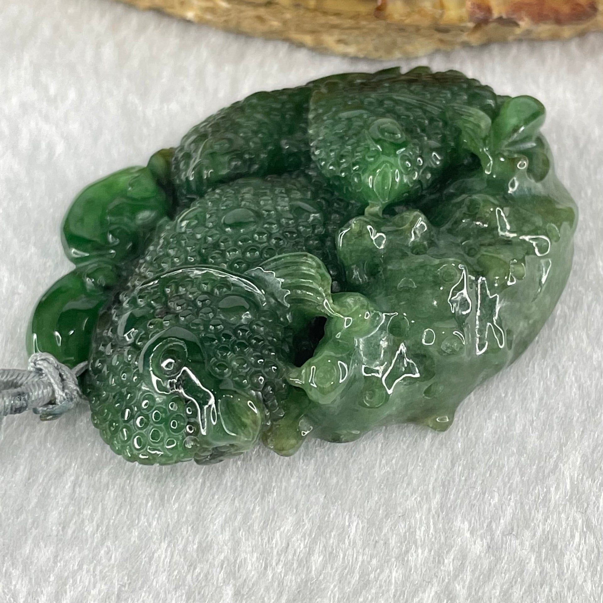 Type A Old Mine Dark Blueish Green Jadeite Double Sided Triple Fish Coin and Ruyi Pendant 41.63g 52.9 by 41.1 by 12.9mm - Huangs Jadeite and Jewelry Pte Ltd