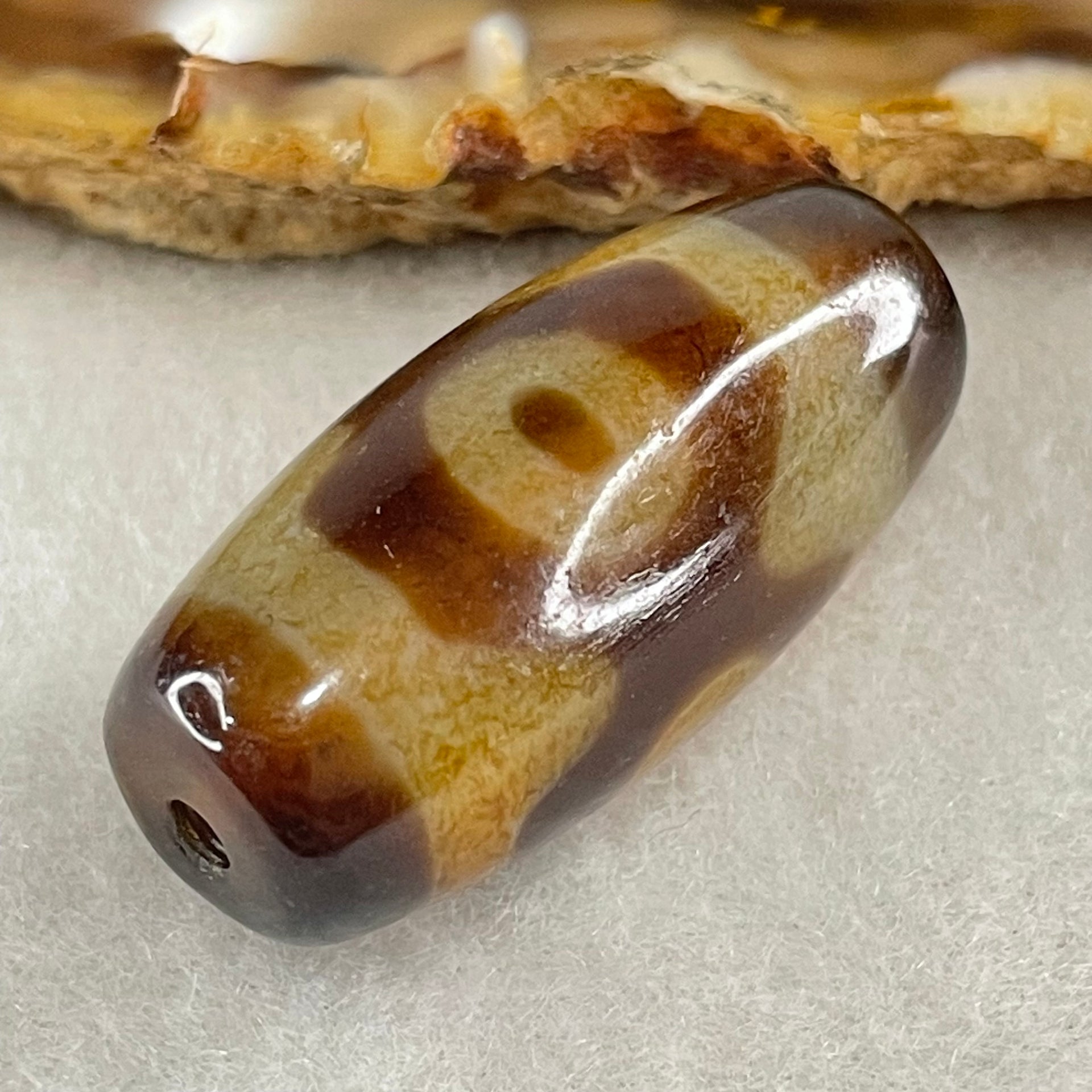 Natural Powerful Tibetan Old Oily Agate 3 Eyes Dzi Bead Heavenly Master (Tian Zhu) 三眼天诛 9.46g 30.0 by 14.3mm - Huangs Jadeite and Jewelry Pte Ltd