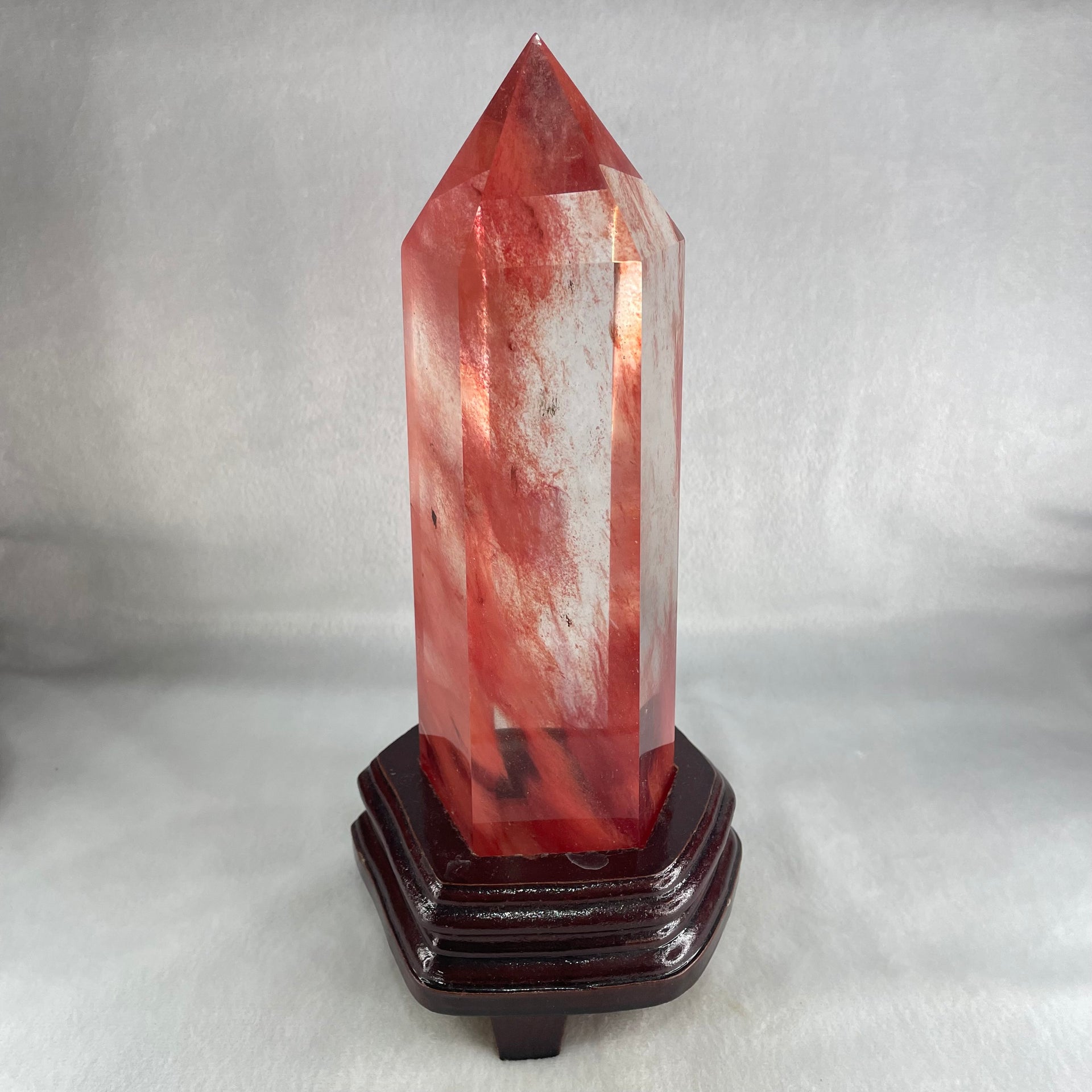 Cherry Quartz Tower with Wooden Stand Display 1733.9g 120.0 by 111.0 by 250.0mm - Huangs Jadeite and Jewelry Pte Ltd