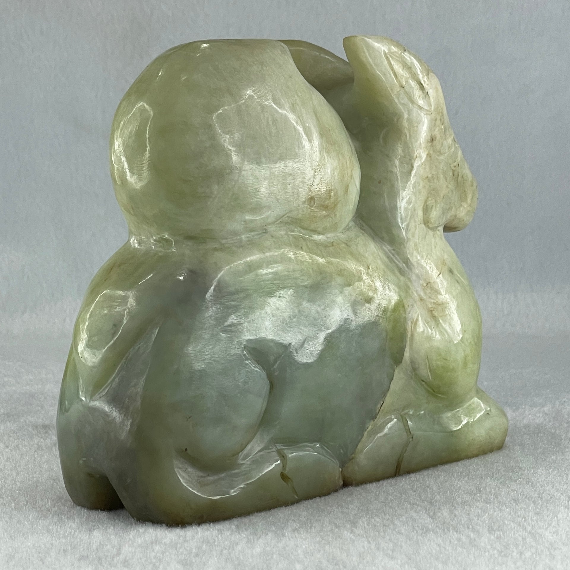 Natural Green Serpentine Deer with Longevity Peach Display 1,043.6g 135.0 by 43.0 by 115.0mm - Huangs Jadeite and Jewelry Pte Ltd