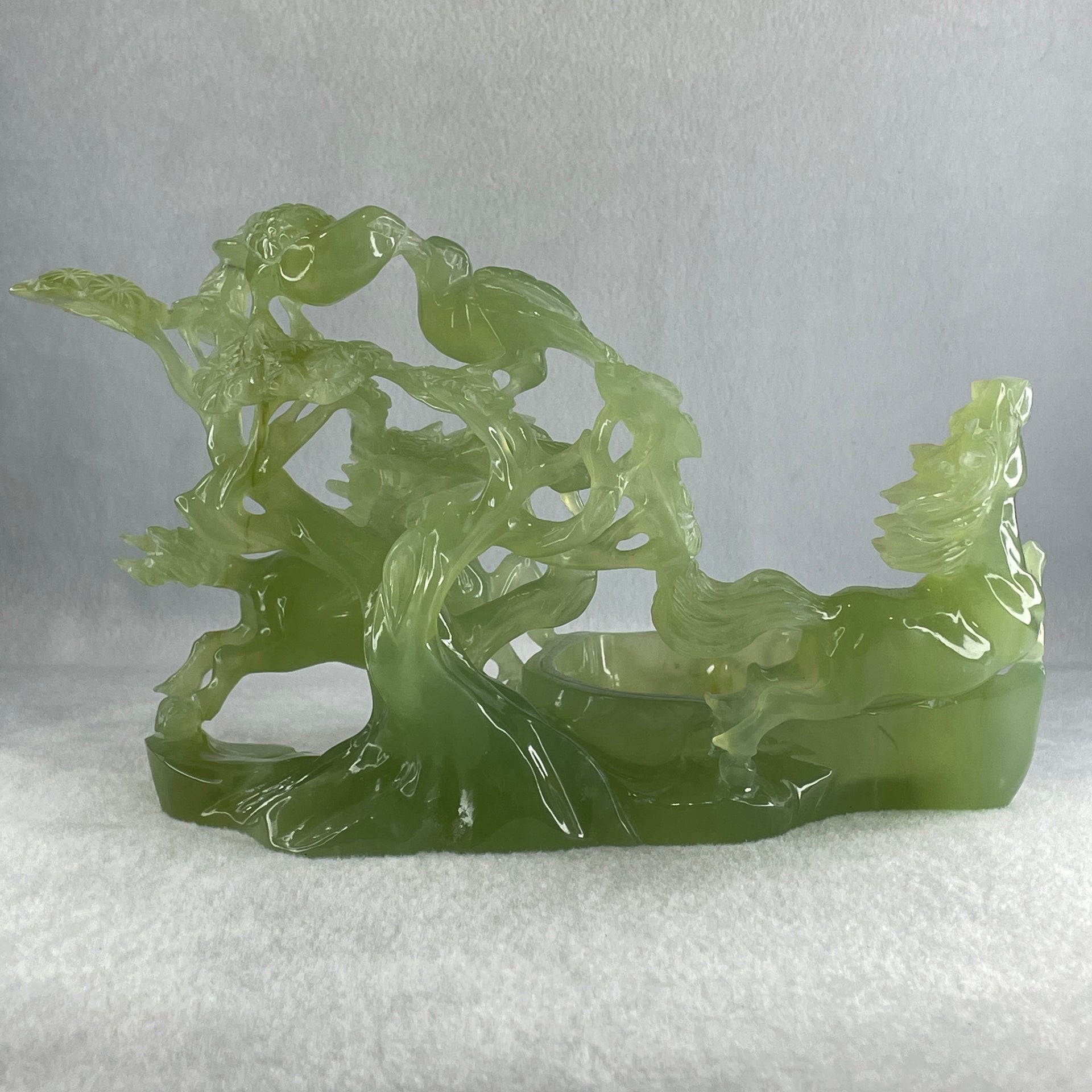 Natural Green Serpentine Double Horses with Twin Birds on Tree and Pond Display 1,254.1g L243.0 by B135.0 by H146.0mm - Huangs Jadeite and Jewelry Pte Ltd