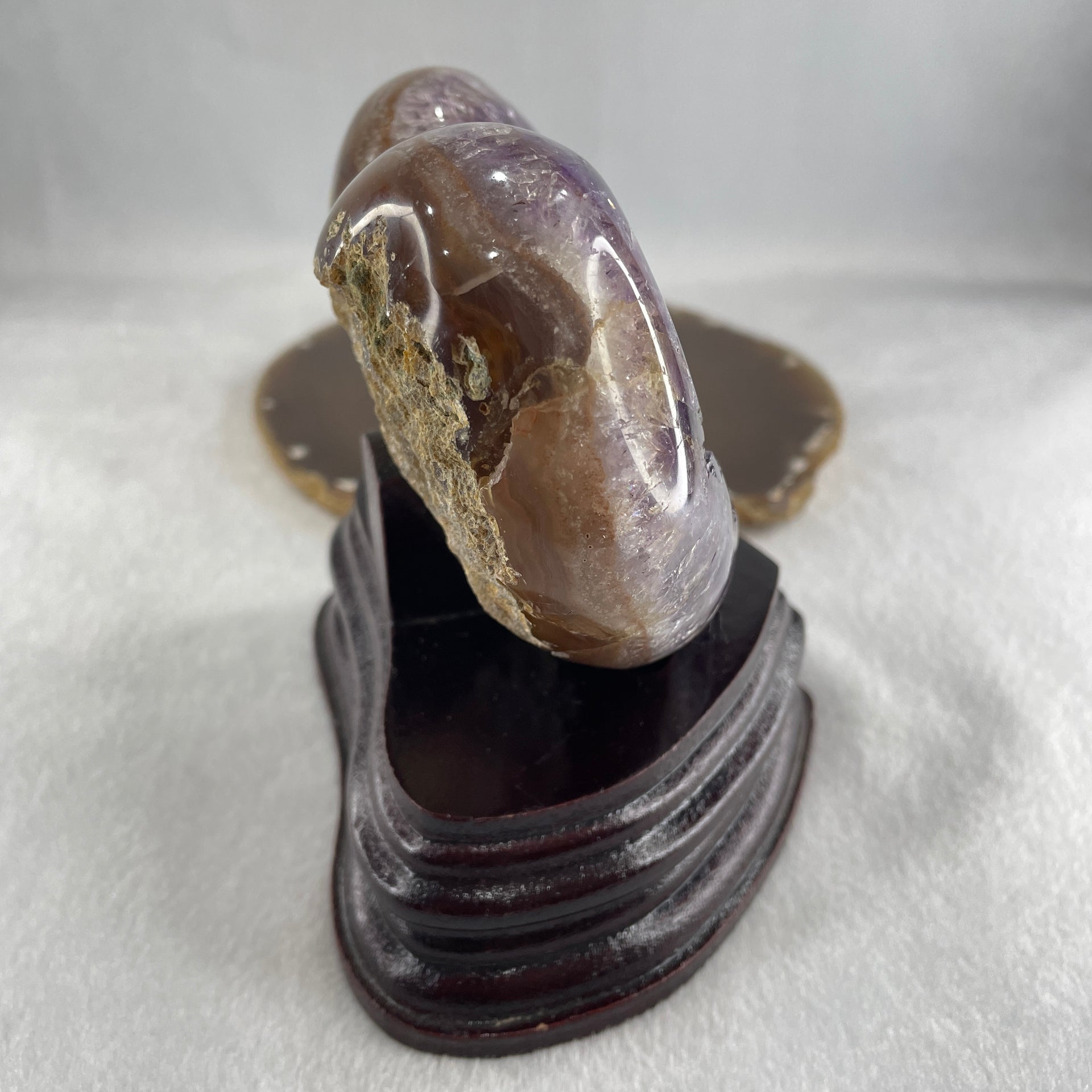 Natural Amethyst Heart Shape with Wooden Stand Display 784.3g 114.4 by 95.0 by 116.5mm - Huangs Jadeite and Jewelry Pte Ltd