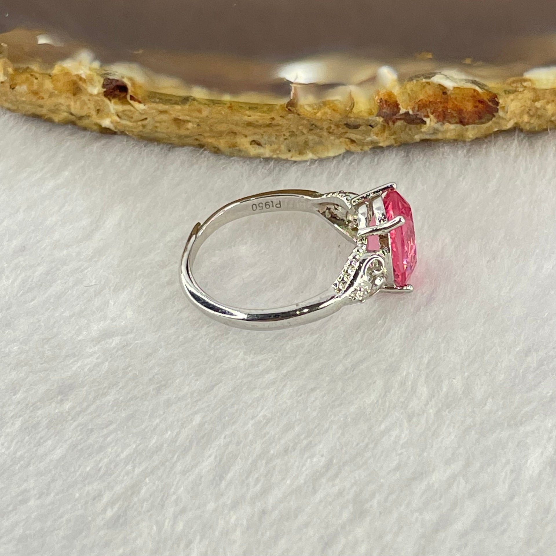 Pink Cubic Zirconia with Crystals in PT950 Plated Sliver Ring (Adjustable Size) 1.95g 9.7 by 7.8 by 5.2mm - Huangs Jadeite and Jewelry Pte Ltd