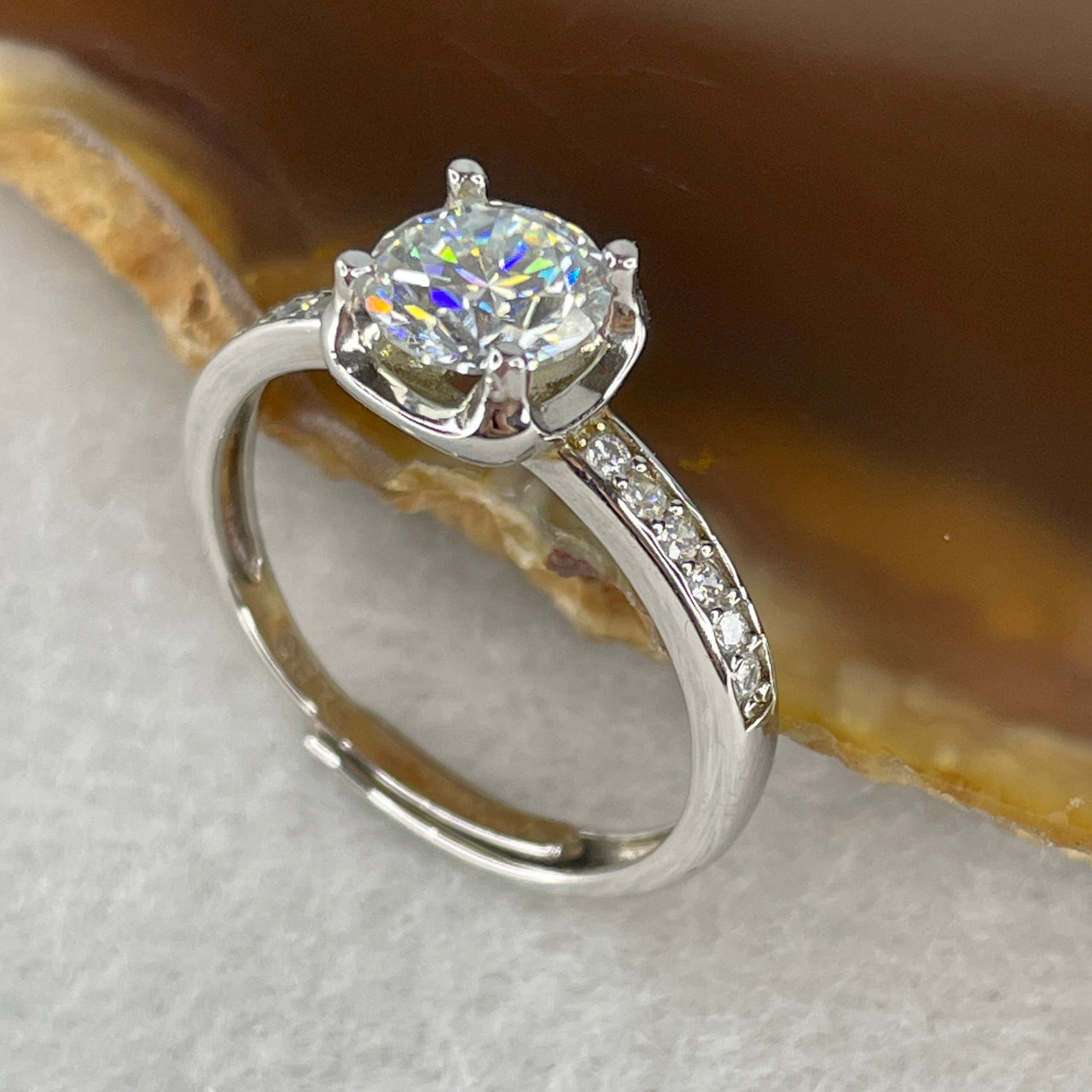 1.0ct Moissanite Solitaire Ring in S925 Silver - Adjustable Size - 6.5mm D Color Round Brilliant Cut Diamond Simulant - Classic Engagement Style 6.9x3.5mm (Adjustable Size)
