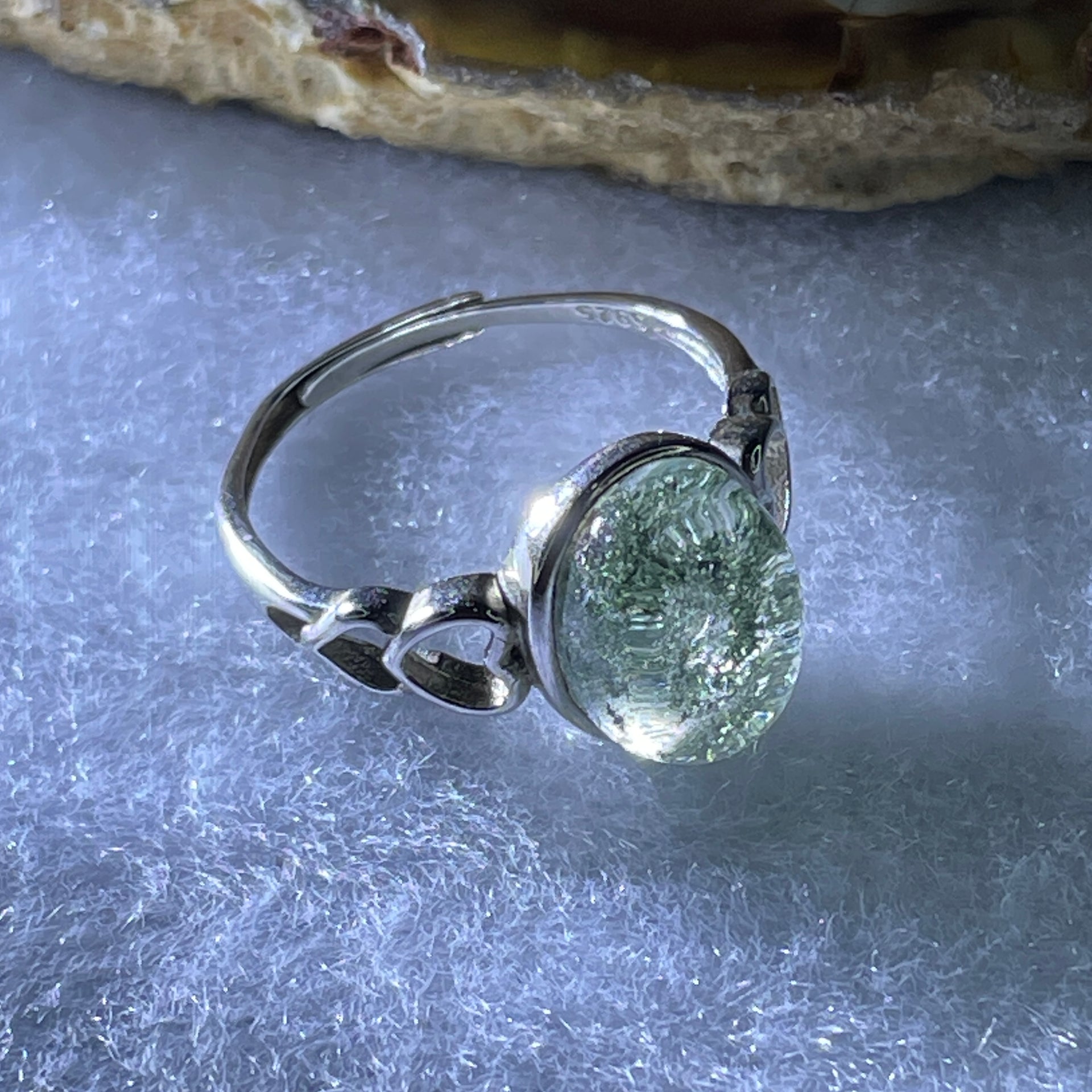 Good Grade Natural Green Phantom Quartz Ring in S925 Sliver 2.32g 10.5 by 8.2 by 5.5mm (Adjustable Size) - Huangs Jadeite and Jewelry Pte Ltd