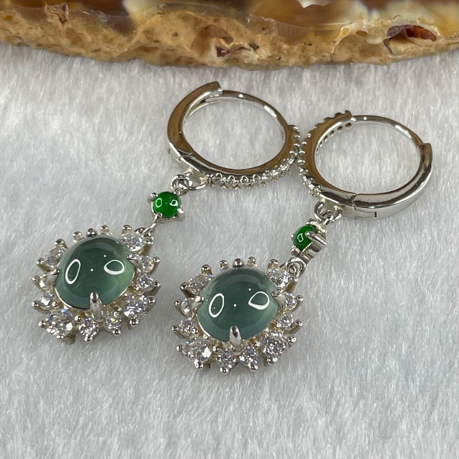 Type A icy Blueish Green Jadeite Cabochons With Crystals in S925 Sliver Earrings 4.51g 7.7 by 6.7 by 3.5mm - Huangs Jadeite and Jewelry Pte Ltd