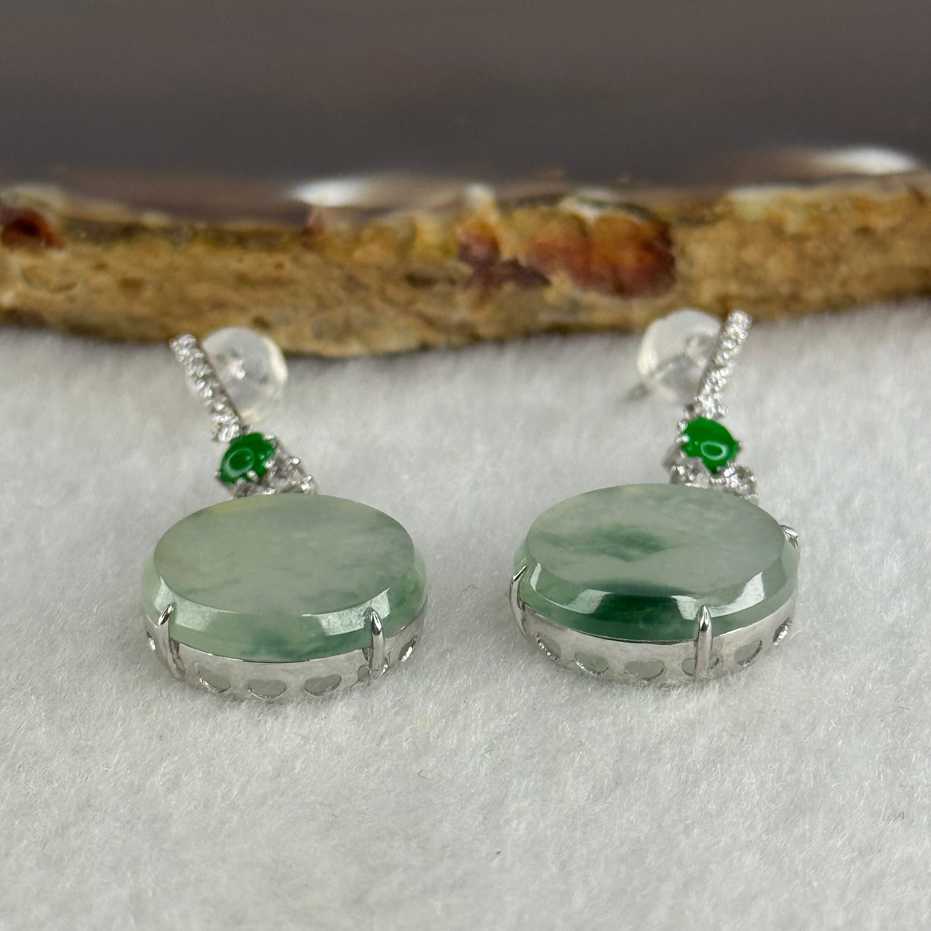 Type A Icy Faint Green with Blueish Green Piao Hua Jade Jadeite Earrings 18k White gold, diamonds and white sapphires 5.08g 33.6 by 14.8 by 5.2mm - Huangs Jadeite and Jewelry Pte Ltd