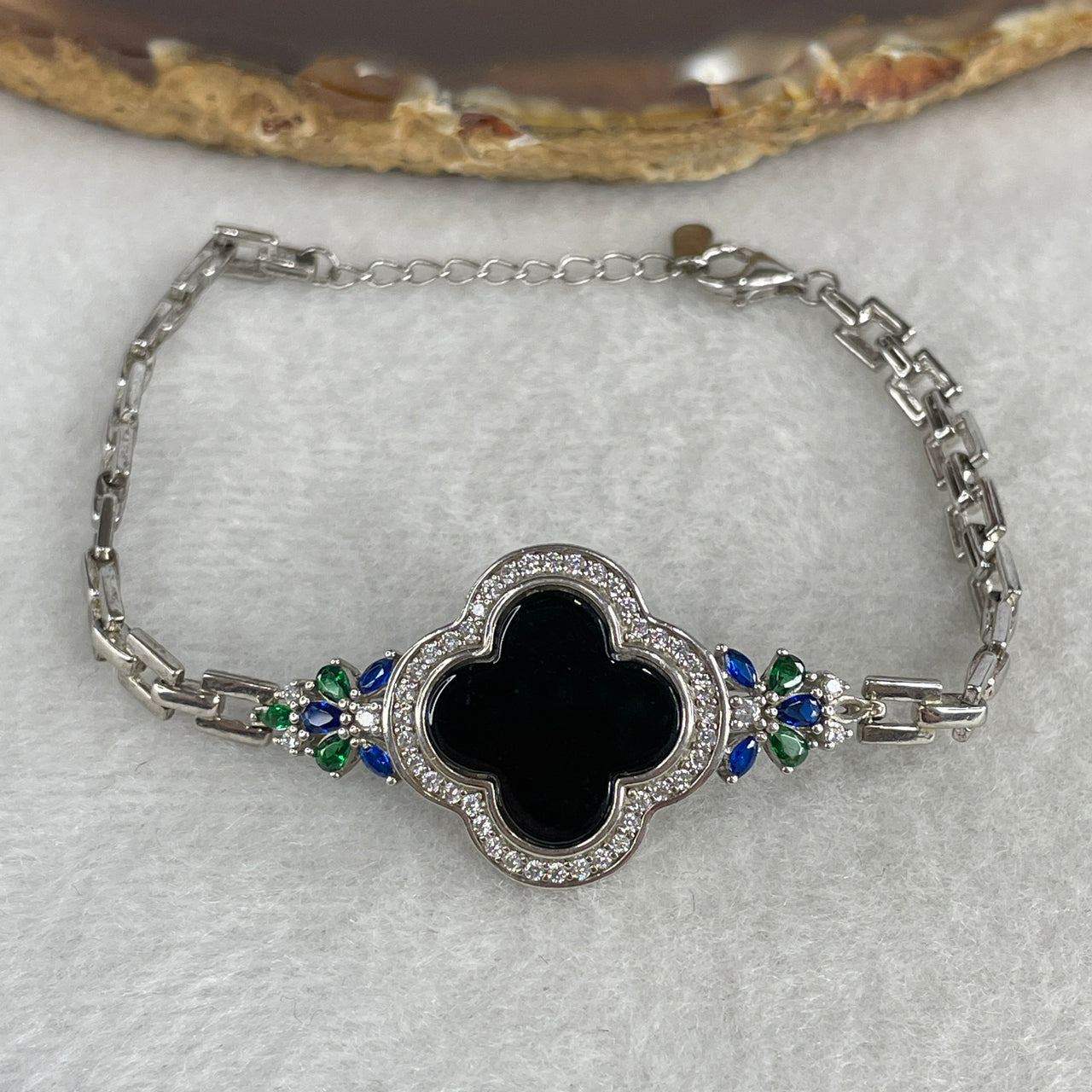 Type A Fully Translucent Black Omphacite Jadeite Four-Leaf Clover Bracelet | Solid S925 Sterling Silver Setting | 14-16cm Wrist Fit | "Imperial Ink" Serendipity & Protection Amulet (8.80g 12.3x2.0mm)
