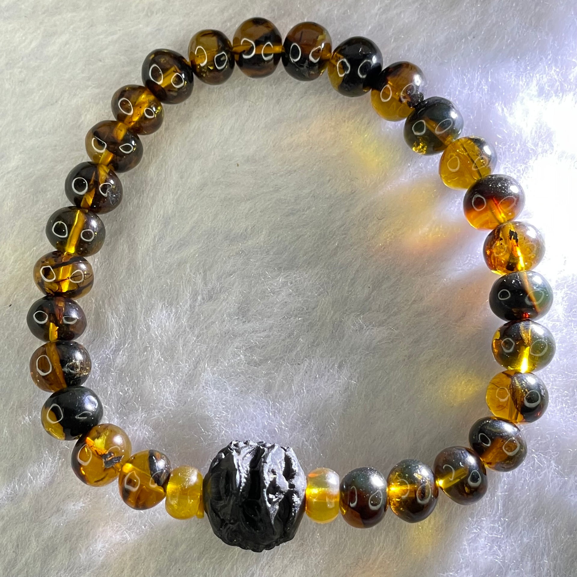 Natural Dark Brownish Yellow Flower Amber Beads Bracelet 天然抚顺金珀手链 7.13g 15.5cm 7.9mm 29 Beads - Huangs Jadeite and Jewelry Pte Ltd