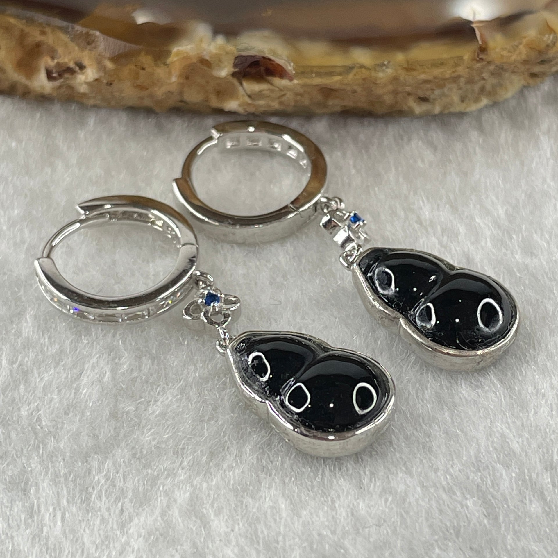 Type A FullyTranslucent Black Omphacite Jadeite Hulu 12.0 by 7.4 by 2.5mm with Cubic Zirconia in S925 Silver Earrings 4.30g - Huangs Jadeite and Jewelry Pte Ltd
