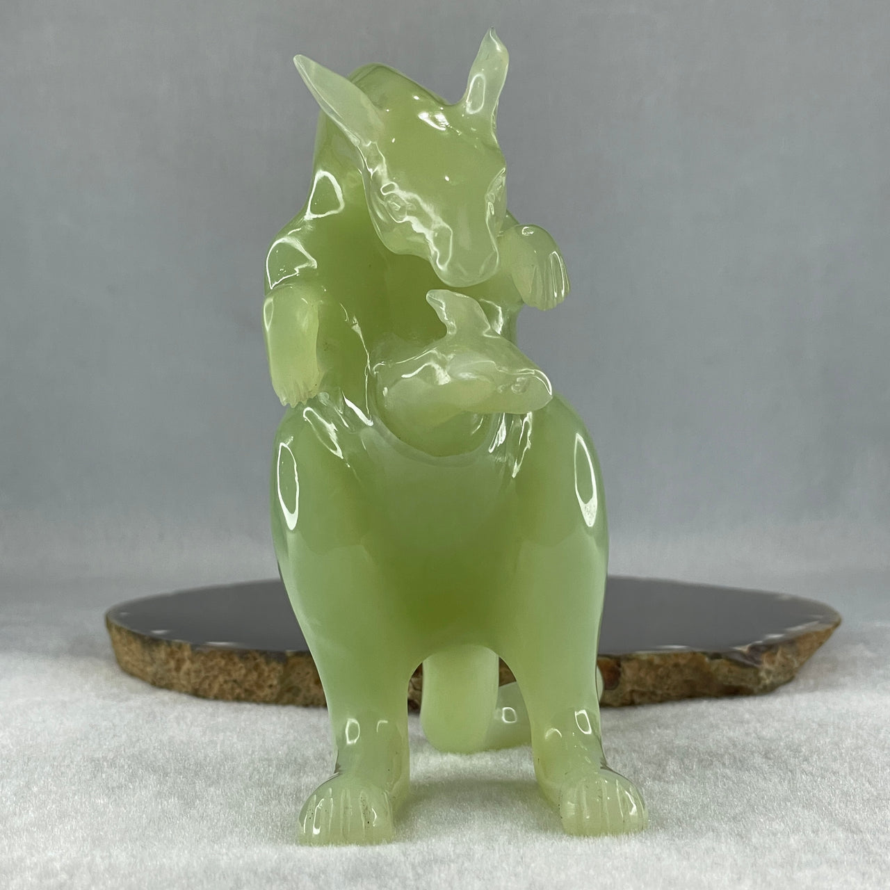 Natural Green Serpentine Kangaroo With Baby with Wooden Stand Display 569.6g 140.0 by 85.4 by 145.0mm - Huangs Jadeite and Jewelry Pte Ltd
