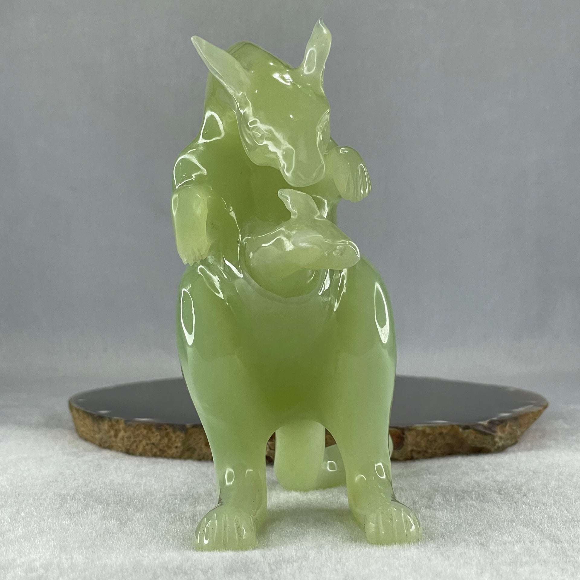 Natural Green Serpentine Kangaroo With Baby with Wooden Stand Display 569.6g 140.0 by 85.4 by 145.0mm - Huangs Jadeite and Jewelry Pte Ltd