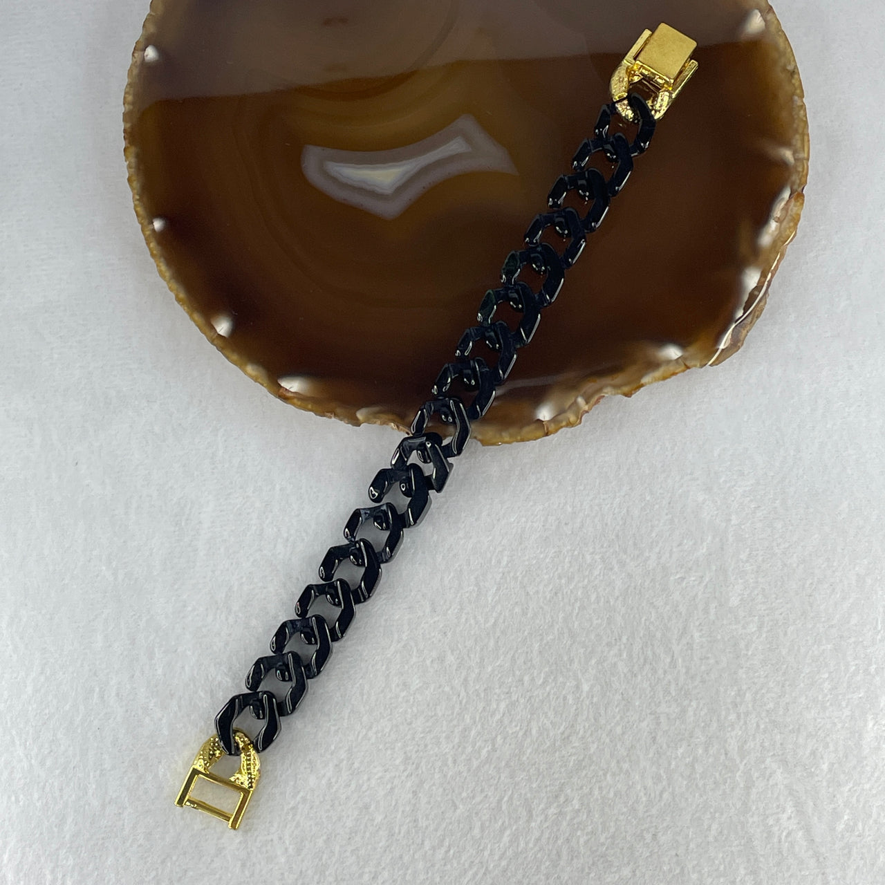 Certified Natural Type A Black Omphacite Jadeite Cuban Tennis Bracelet with Gold Color and Cubic Zirconia Clasp 29.04g Up to 19cm 14.0 by 5.0mm 17 Pcs
