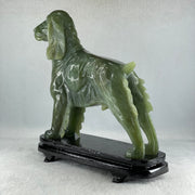 Natural Green with Yellow Serpentine Male Dog with Wooden Stand Feng Shui Display 1,780.3g 220.0 by 82.0 by 220.0mm - Huangs Jadeite and Jewelry Pte Ltd