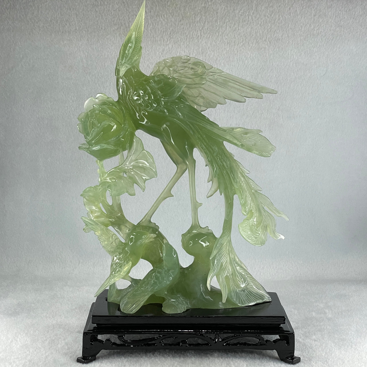 Natural Icy Light Green Serpentine Phoenix on Tree with Twin Birds and Flower with Wooden Stand Display 710.1g 169.0 by 262.0 by 84.0mm - Huangs Jadeite and Jewelry Pte Ltd