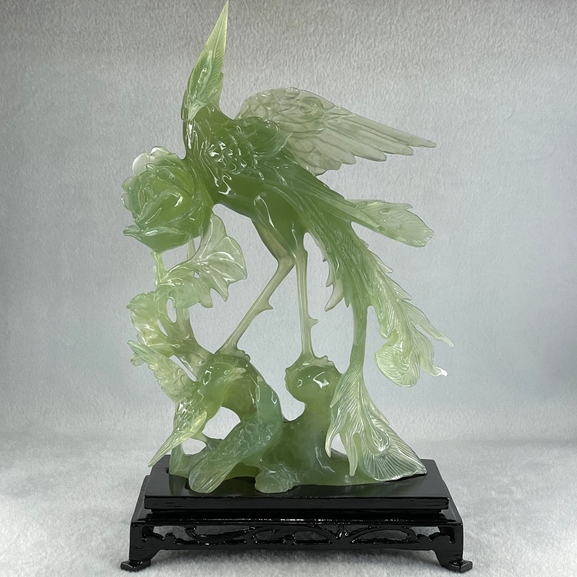 Natural Icy Light Green Serpentine Phoenix on Tree with Twin Birds and Flower with Wooden Stand Display 710.1g 169.0 by 262.0 by 84.0mm - Huangs Jadeite and Jewelry Pte Ltd