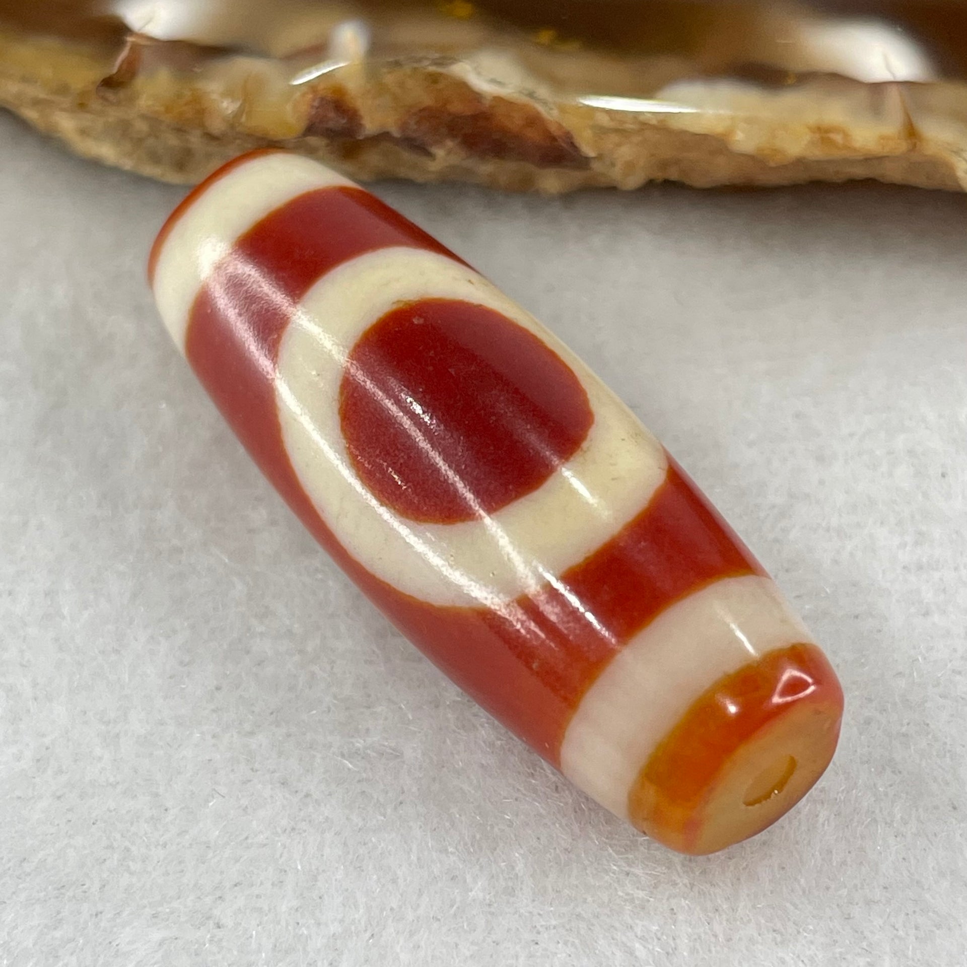 Natural Powerful Tibetan Old Oily Red White Agate One Eye Fire Sign Dzi Bead Heavenly Master (Tian Zhu) 一眼火天珠 10.81g 38.4 by 13.4mm - Huangs Jadeite and Jewelry Pte Ltd
