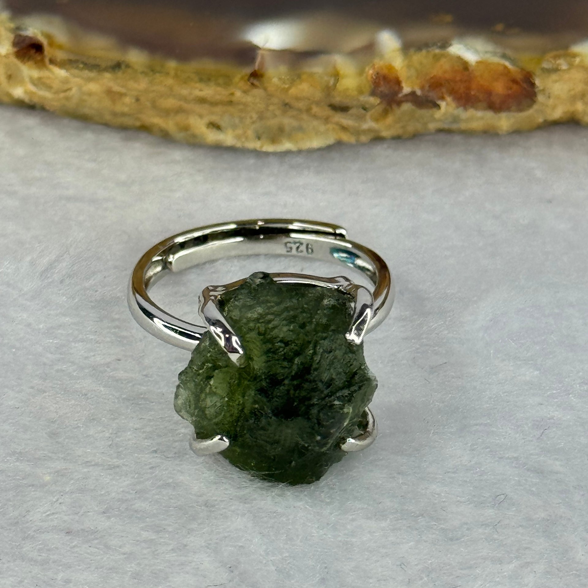 Natural Czech Republic Moldavite Meteorite Crystal in S925 Sliver Ring (Adjustable Size) 天然捷克陨石925银戒指 4.59g 14.0 by 13.3 by 13.5mm - Huangs Jadeite and Jewelry Pte Ltd