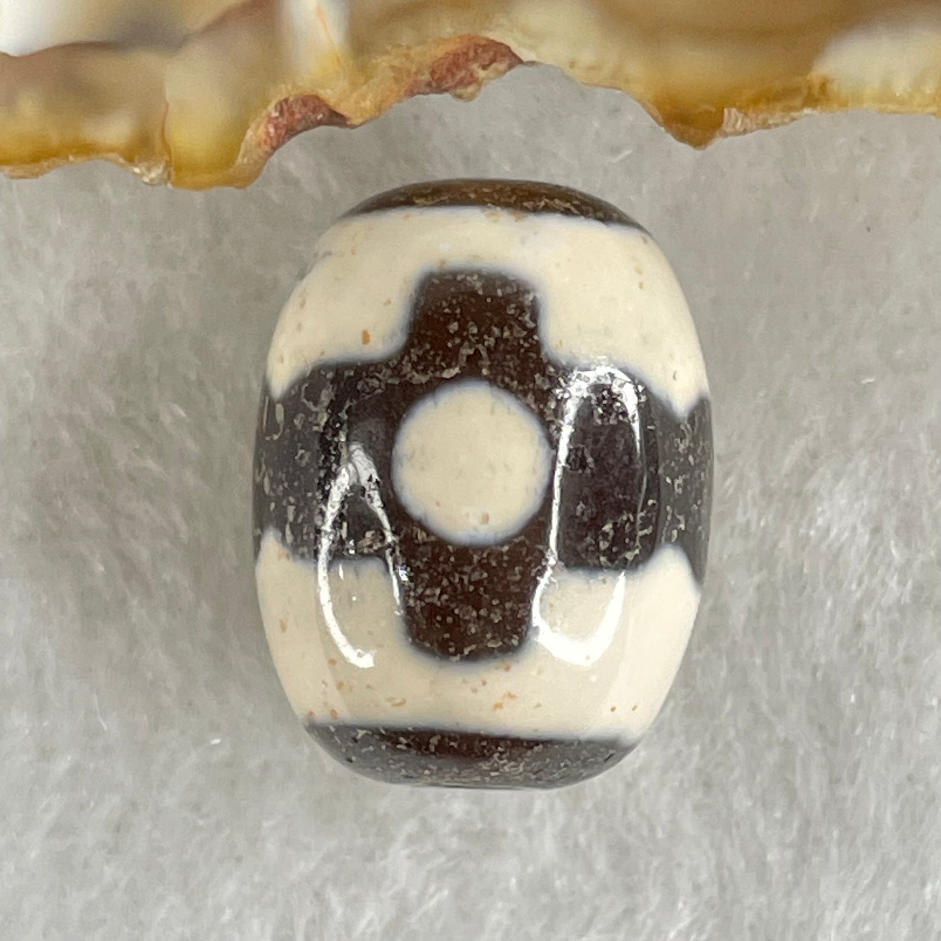 Natural Powerful Tibetan Old Oily Dark Brown With White Agate 3 Eyes Dzi Bead Heavenly Master (Tian Zhu) 三眼天诛 5.05g 17.8 by 13.5mm - Huangs Jadeite and Jewelry Pte Ltd