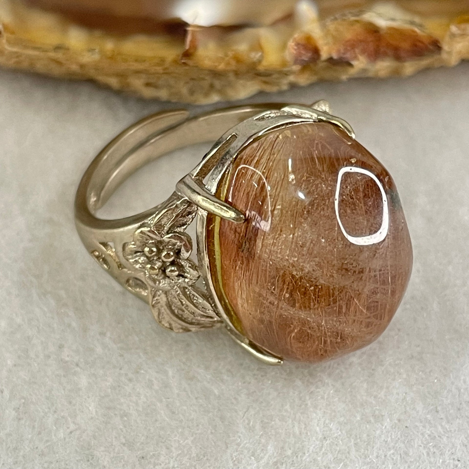 Average Grade Natural Copper Rutilated Quartz Cabochon in S925 Silver Flower design Ring (Adjustable Size) 8.20g 19.0 by 14.1 by 11.5mm - Huangs Jadeite and Jewelry Pte Ltd