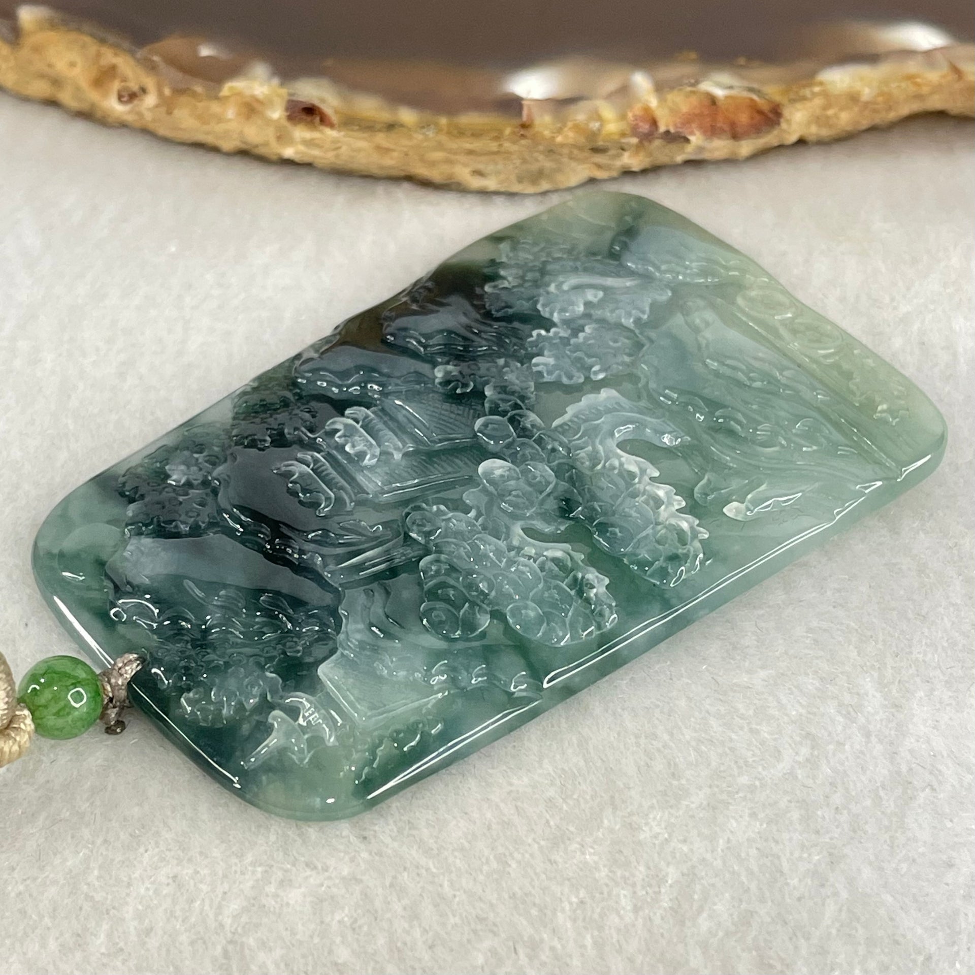 Type A Jelly Semi Icy Blueish Green Jadeite Shan Shui with Guiren Benefactor Pendant 34.79g 61.2 by 41.1 by 5.5mm - Huangs Jadeite and Jewelry Pte Ltd