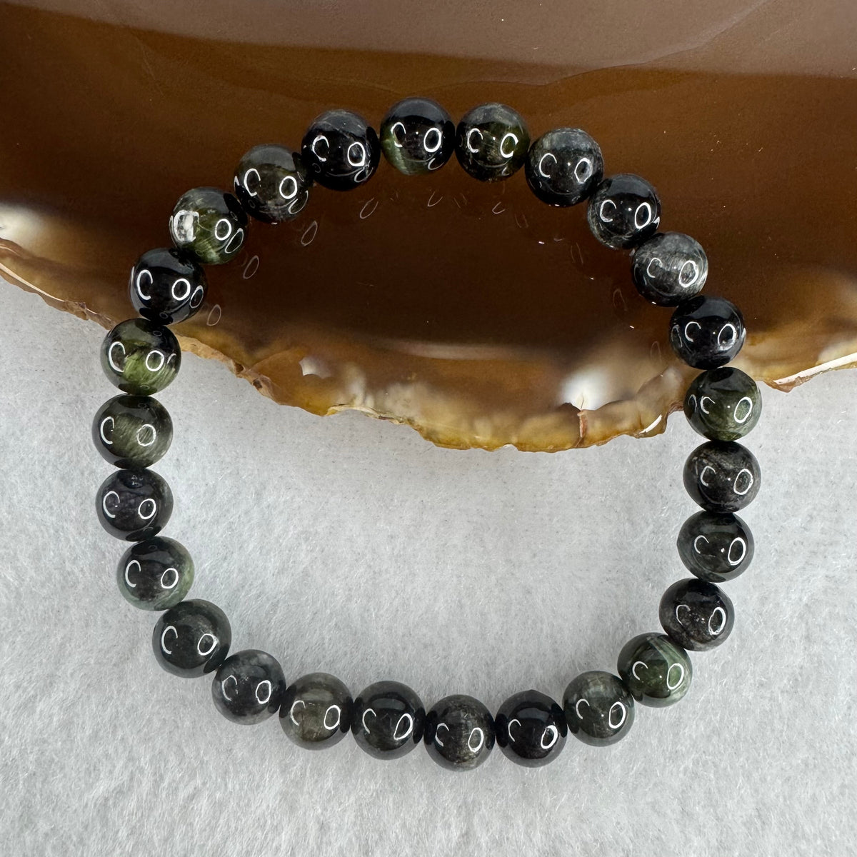 Natural Cat's Eye Green Tourmaline Beads Bracelet | 7.3mm Chatoyant Prosperity (14.50g | 15cm Wrist | 26 Beads)