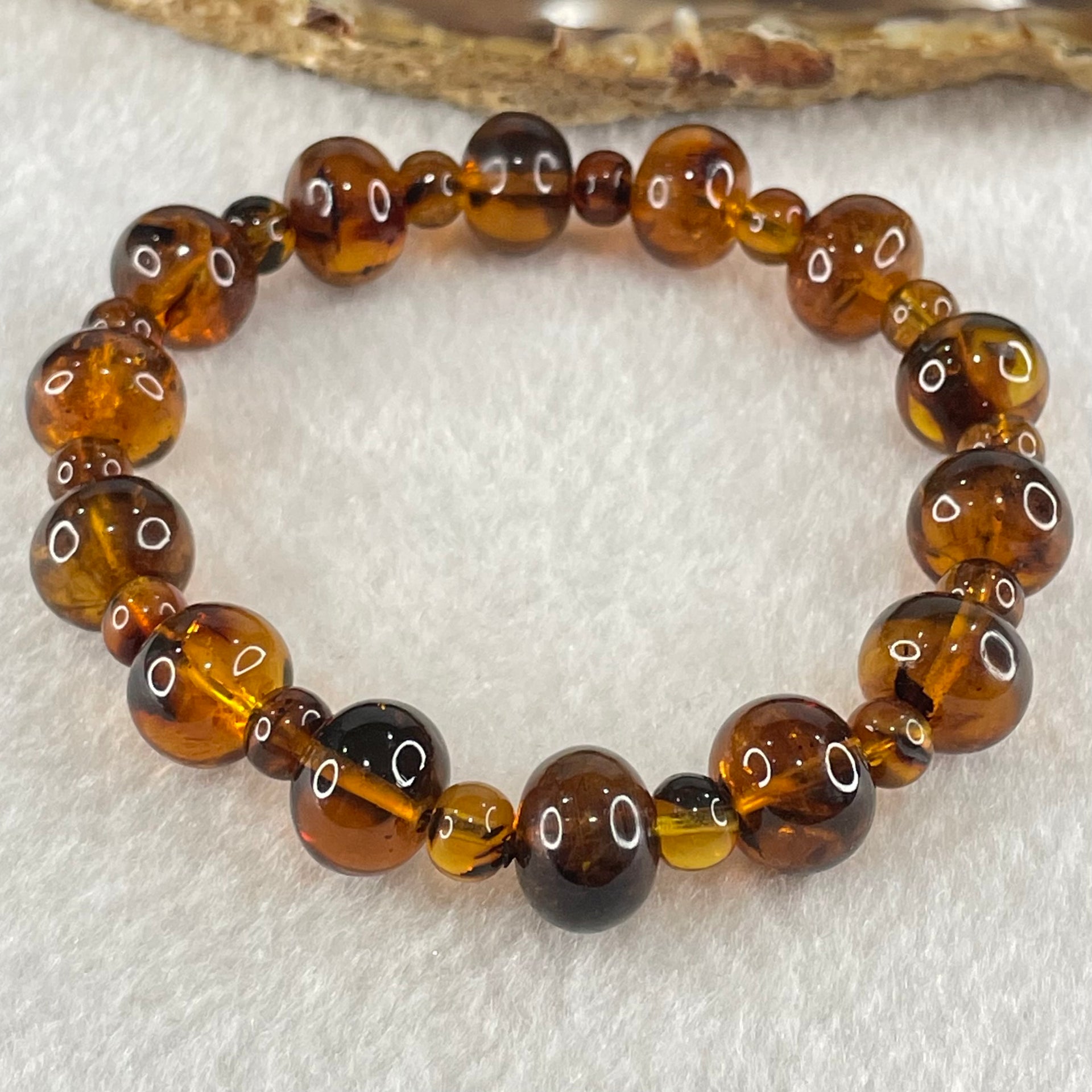 Natural Dark Brownish Yellow Flower Amber Beads Bracelet 9.56g 15.5cm 10.8mm 14 Beads 5.9mm 14 Beads - Huangs Jadeite and Jewelry Pte Ltd