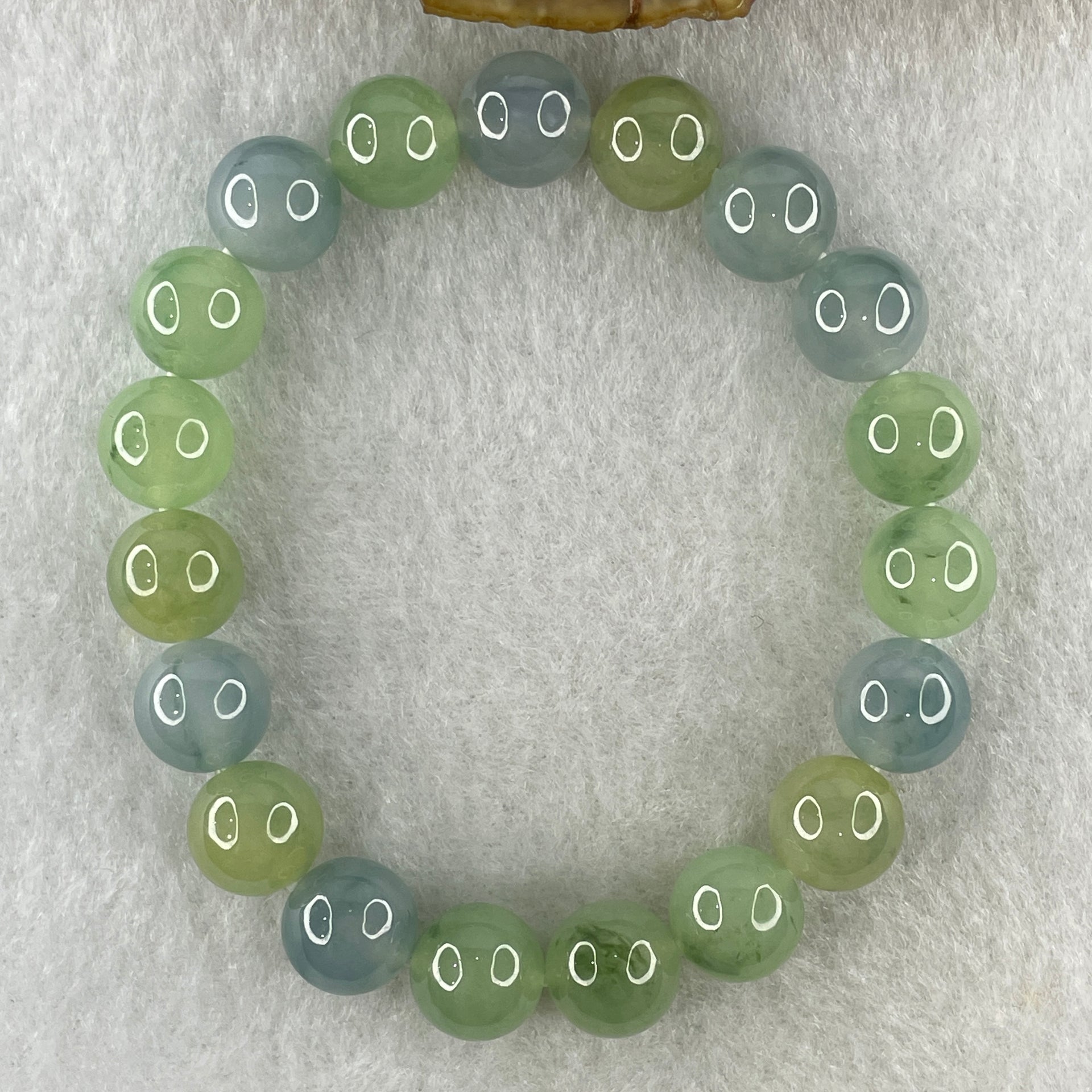 Type A Natural Semi Icy Light Green with Yellow and Blue Jadeite Beads Bracelet 32.94g 15cm 10.0mm 19 Beads - Huangs Jadeite and Jewelry Pte Ltd