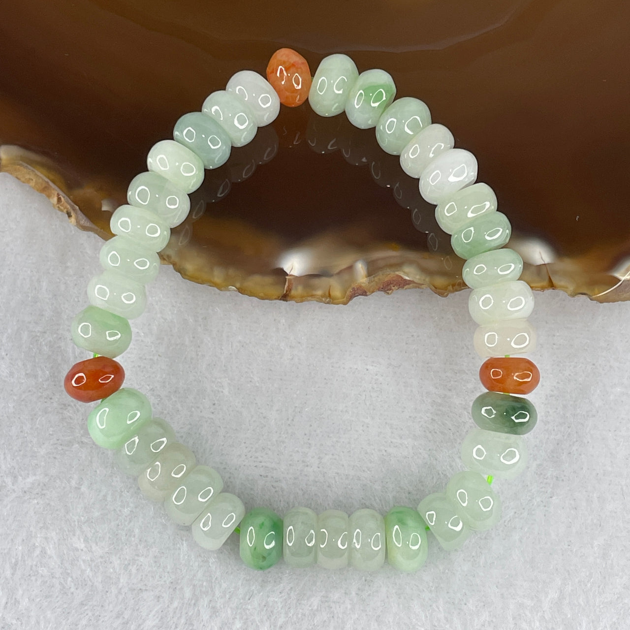 Certified Natural Type A Multi-Color Jadeite Donut Beads Bracelet | "Fu Lu Shou" Palette (Light Blueish-Green, Green, Red, White) | Ultimate Modern Geometric Harmony Talisman (36 Beads 8.5mm | 15cm | 24.31g)