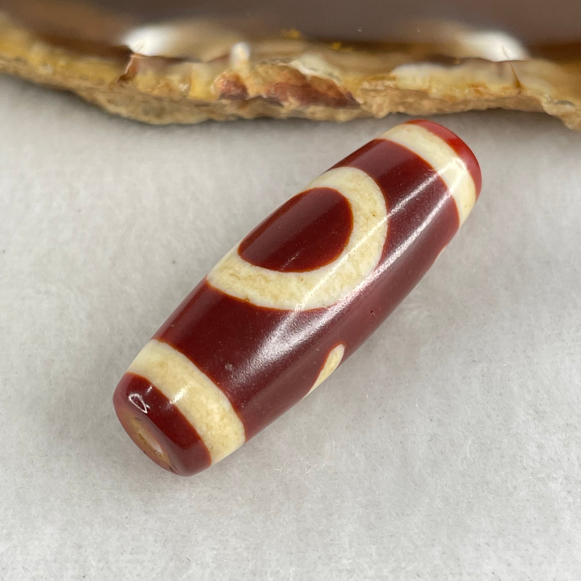 Natural Powerful Tibetan Old Oily Red White Agate One Eye Gold Metal Element Dzi Bead Heavenly Master (Tian Zhu) 一眼金天珠 10.45g 37.9 by 13.4mm - Huangs Jadeite and Jewelry Pte Ltd