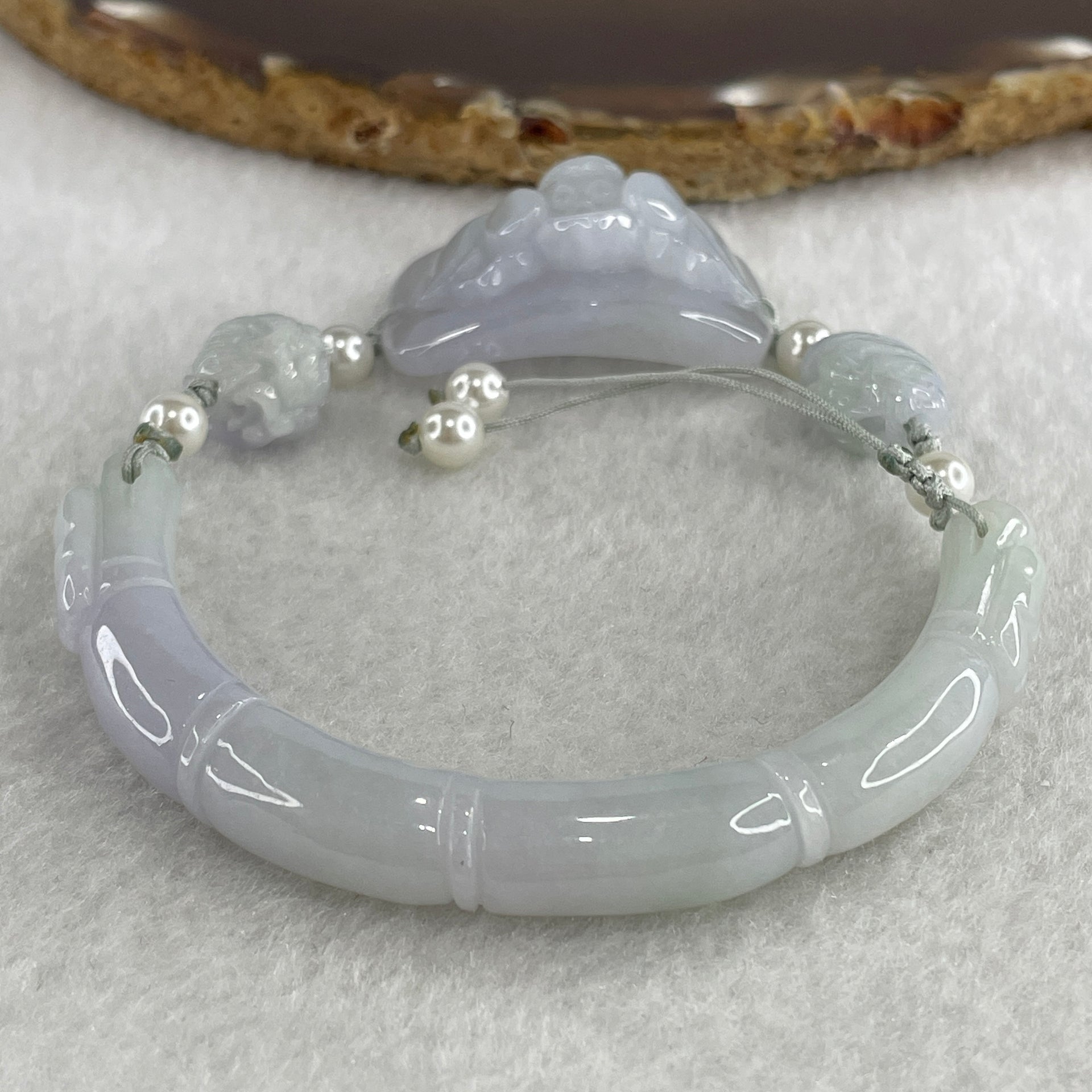 Natural Type A Lavender with Faint Green Jadeite Bamboo with Lotus Flower and Dragon Bracelet 34.11g 17cm 7.9 by 8.6mm - Bamboo 33.2 by 19.1 by 11.8mm - Huangs Jadeite and Jewelry Pte Ltd