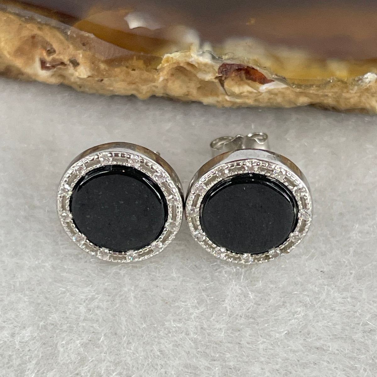 Certified Type A Black Omphacite Jadeite Round Earrings in S925 Silver |  (1.97g Total Weight | 8.1x1.5mm | S925 Sterling Silver | Synergy, Negative Energy Shield, Wealth Retention & Sophisticated Protection)