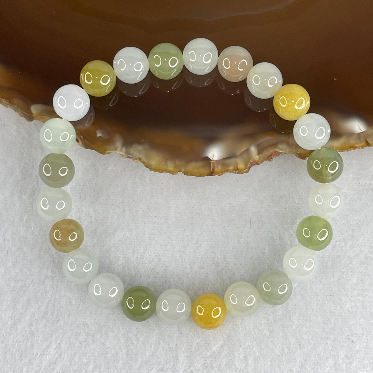 Natural Type A Tricolor Jadeite Bracelet | 15.5cm Petite 8.0mm Round Green White Yellow "Three Happiness" Bead Strand (21.13g, 24 Beads)