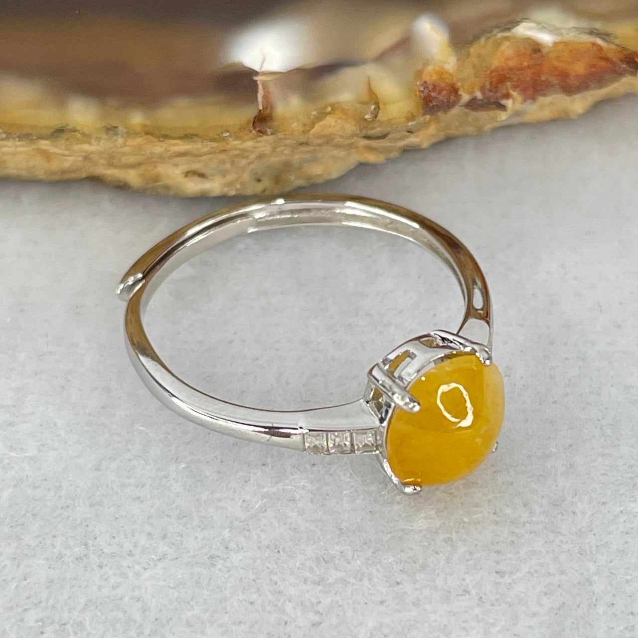 Type A Yellow Jadeite Cabochon Ring in S925 Sliver Ring 1.49g 7.5 by 6.9 by 4.0mm - Huangs Jadeite and Jewelry Pte Ltd
