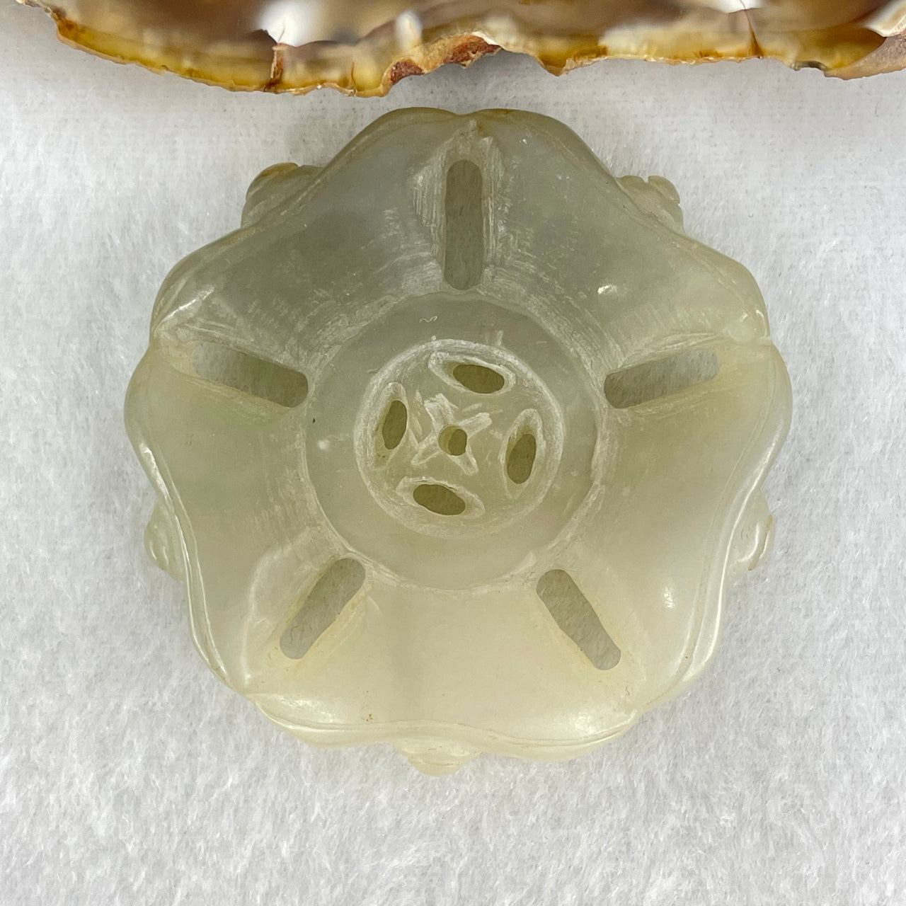 Natural Vintage light Green to White Nephrite Old 5 Ingots and Coin Pendant 37.61g L51.1 E51.7 D9.5mm - Huangs Jadeite and Jewelry Pte Ltd